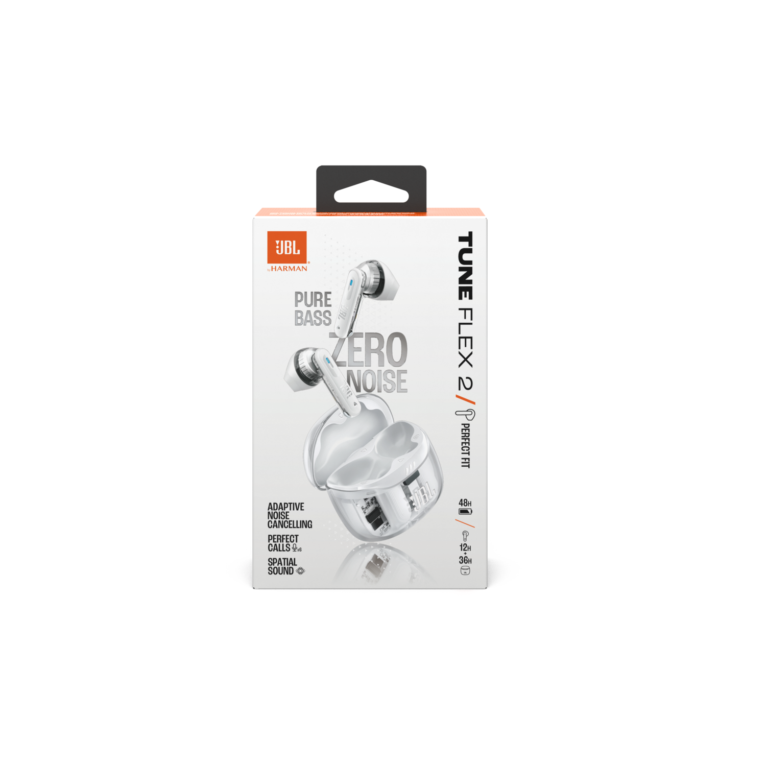 White JBL Tune Flex 2 earbuds in their case. The box shows the earbuds and features.