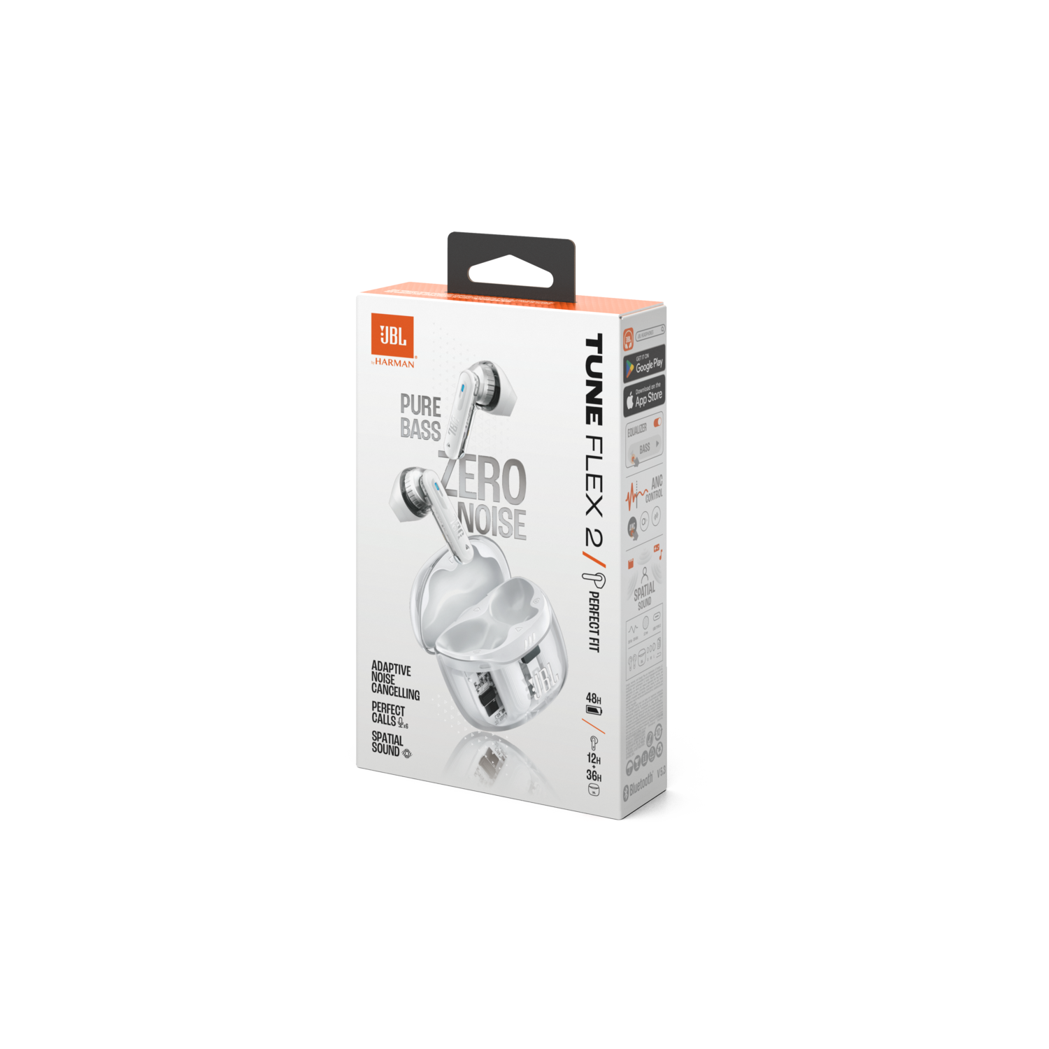 A white box of JBL Tune Flex 2 earbuds, with images of earbuds and the app logo.