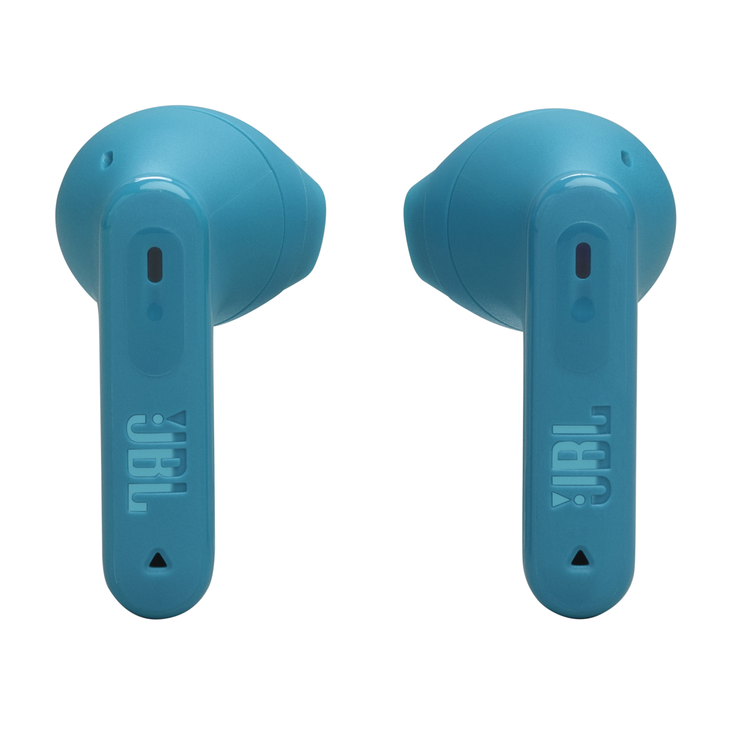 Twee blauwe JBL oordopjes op een zwarte achtergrond.