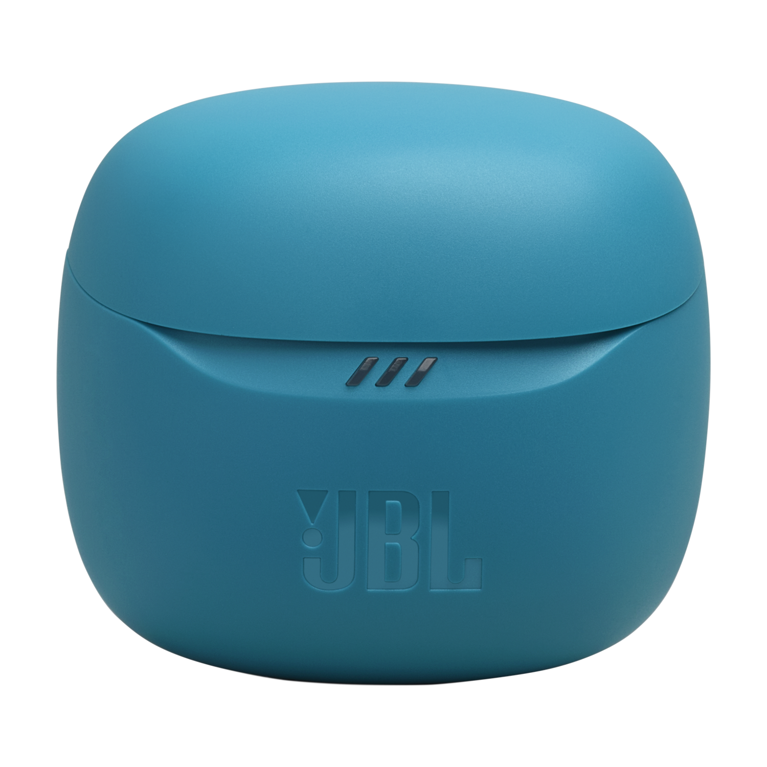 Blauwe oordopjes oplaadcase. Het heeft drie balken aan de voorkant en het JBL-logo eronder.
