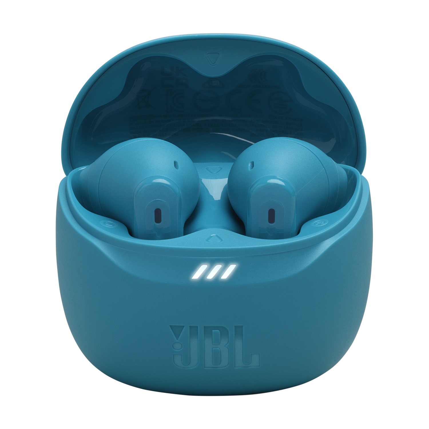 Turquoise JBL oordopjes in een oplaadcase. Case is open, laat oordopjes zien.