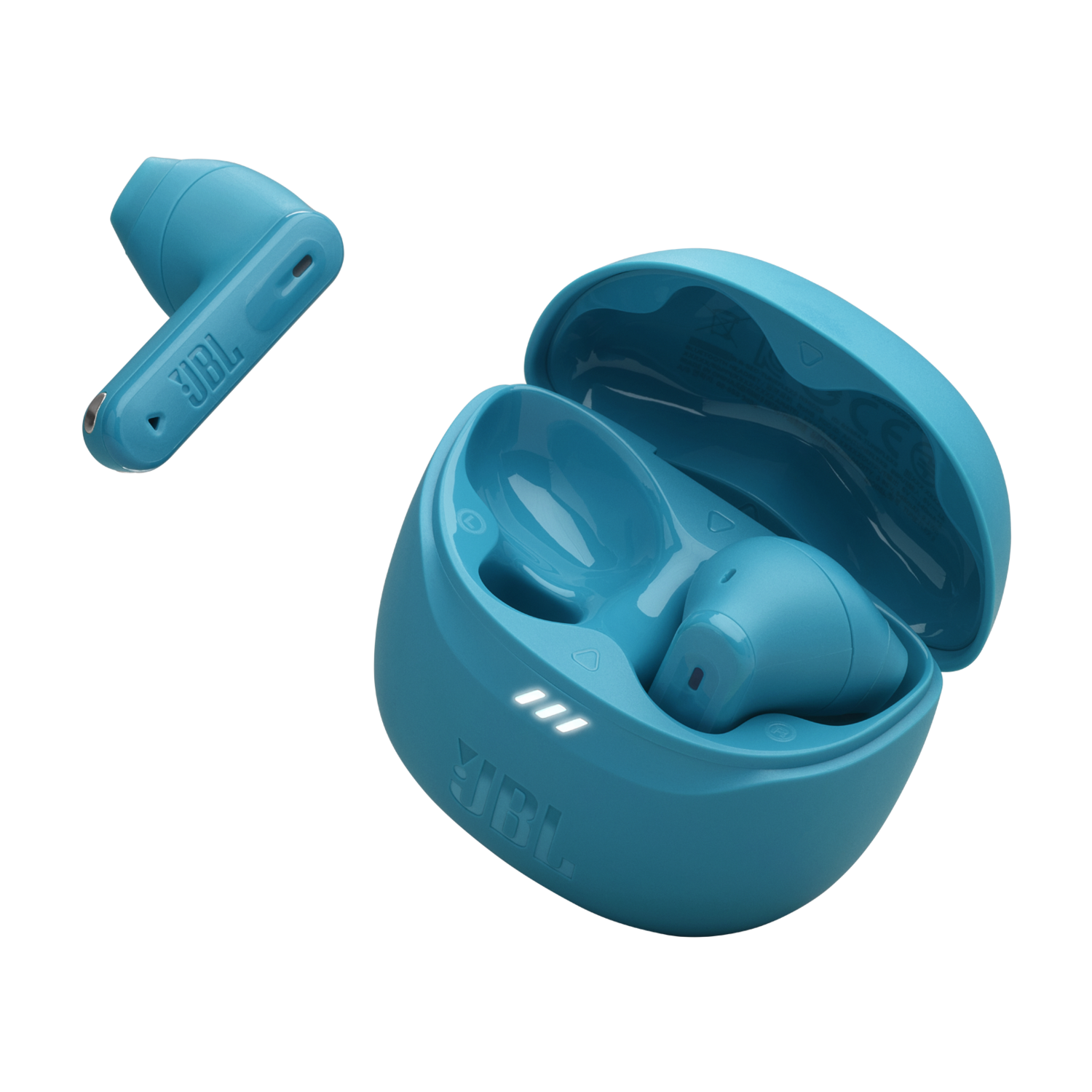 Set blauwe draadloze oordopjes met oplaadcase op zwarte achtergrond.