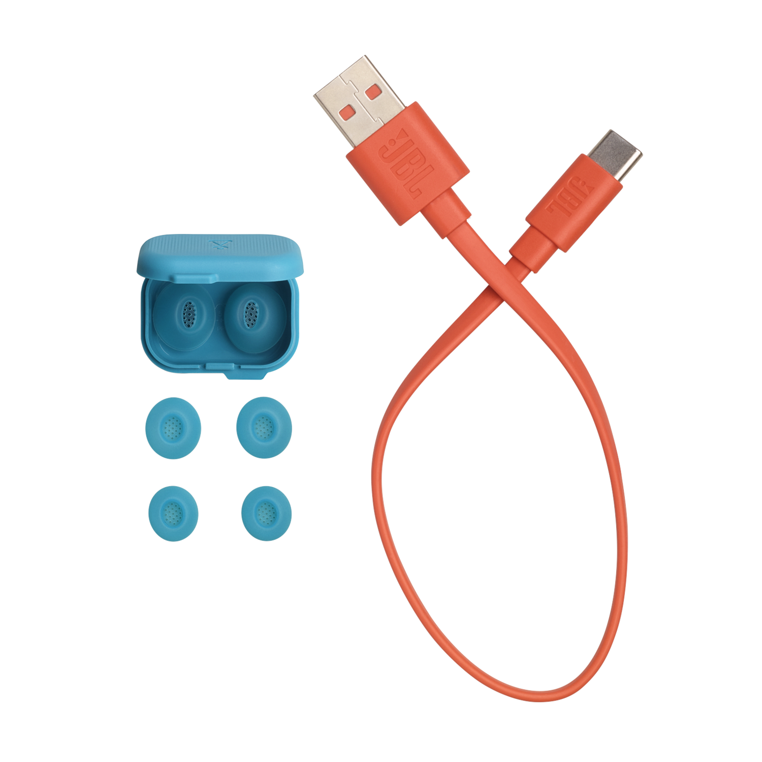 Oordopjes, oplaadkabel en hoesje. Blauwe oordopjes, oranje kabel en blauw hoesje.