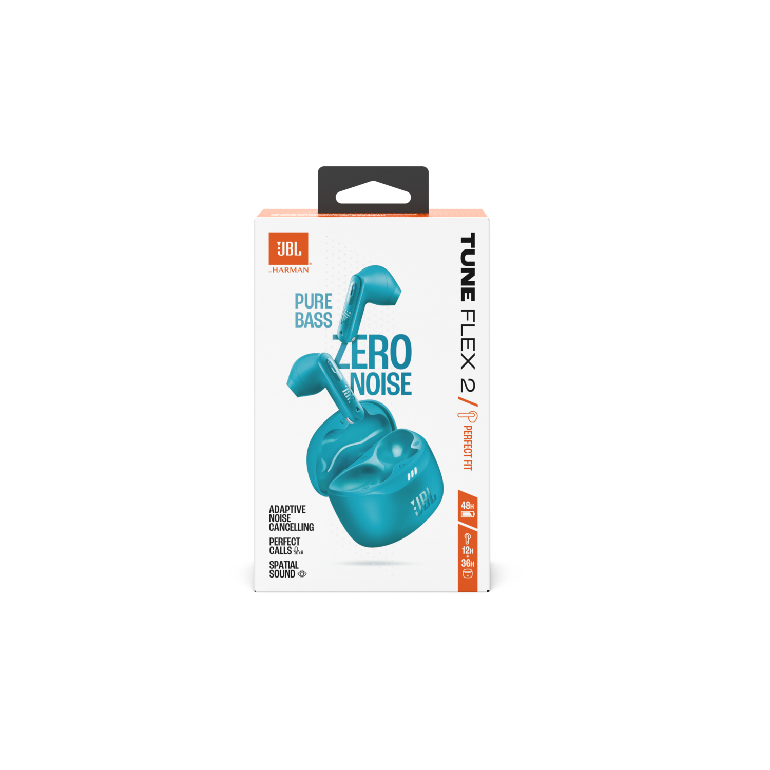 JBL Tune Flex 2 oordopjes en doos. De doos toont oordopjes en functies: Pure Bass en noise cancelling.