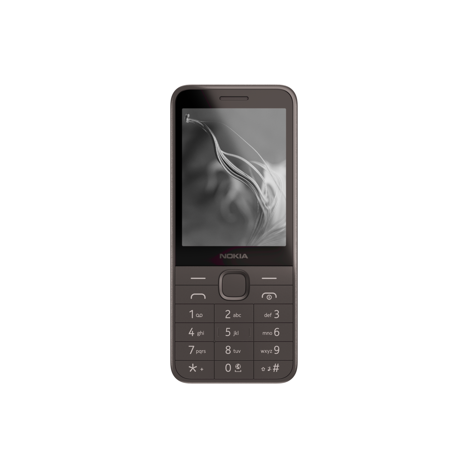 Nokia basistelefoon. Grijze kleur. Zwart scherm met een wit patroon. Eenvoudig ontwerp.