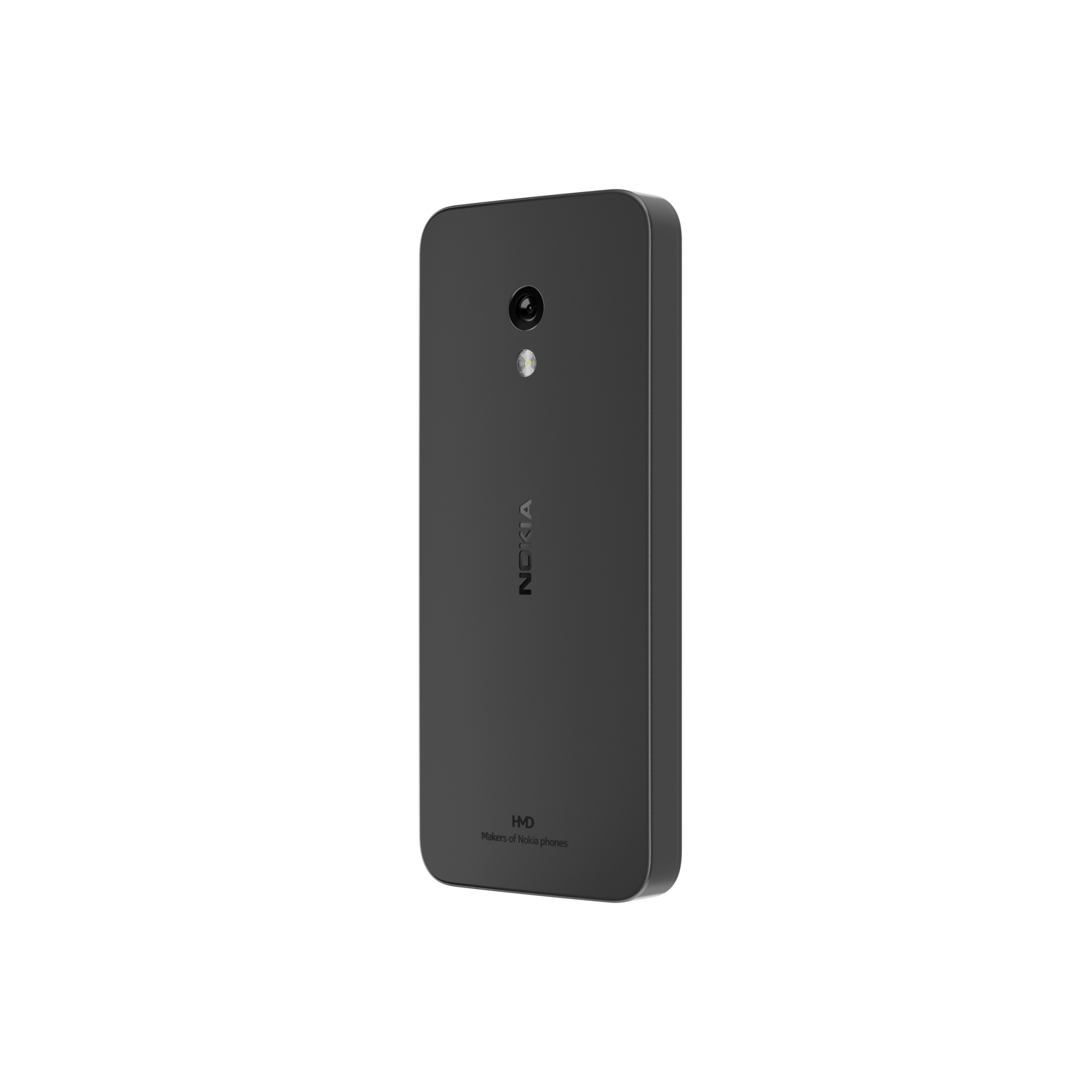 Donkergrijze telefoon, achteraanzicht. Camera en logo zichtbaar. Zwarte achtergrond.