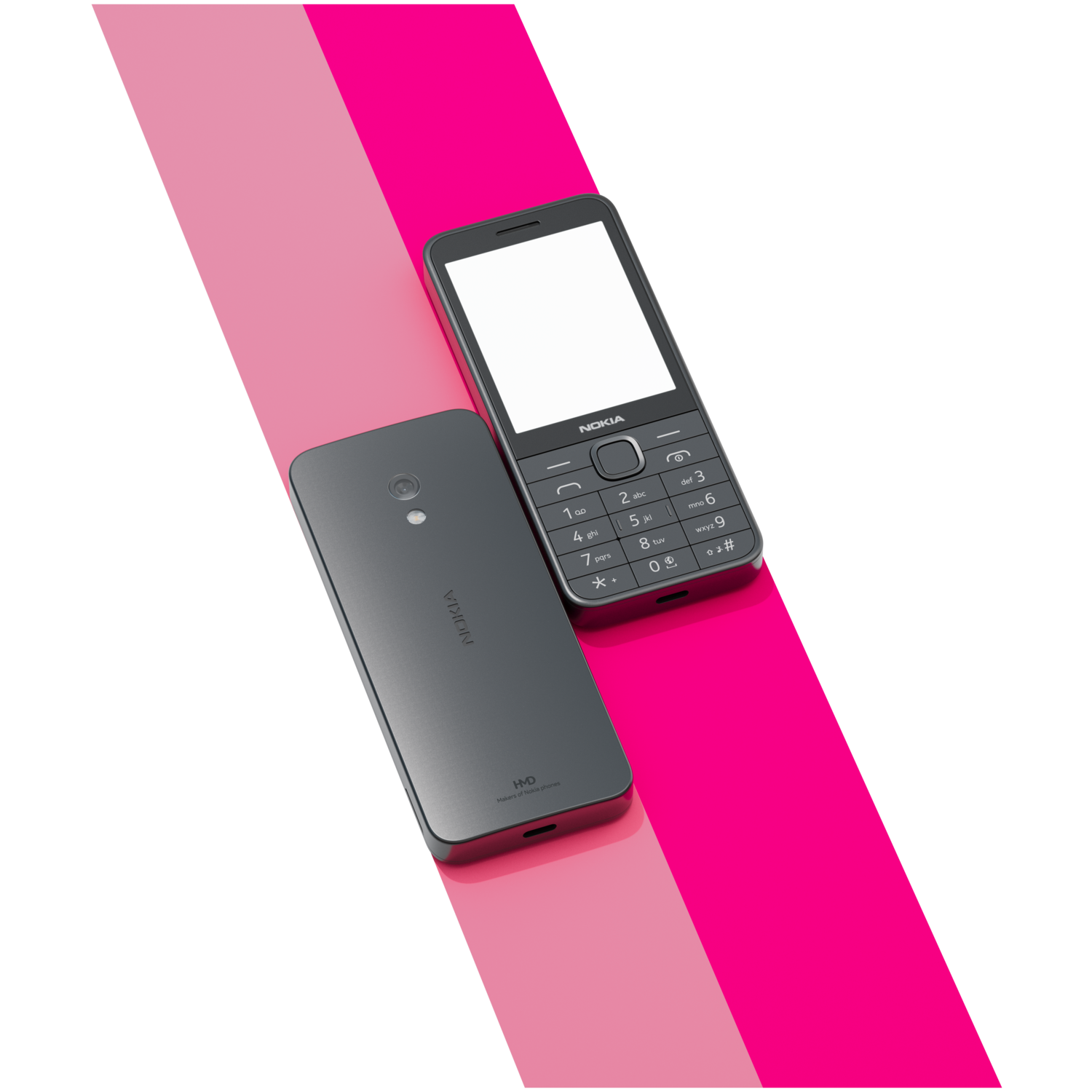 Twee Nokia-telefoons, één open, op een roze en zwarte achtergrond. Eén is de achterkant.