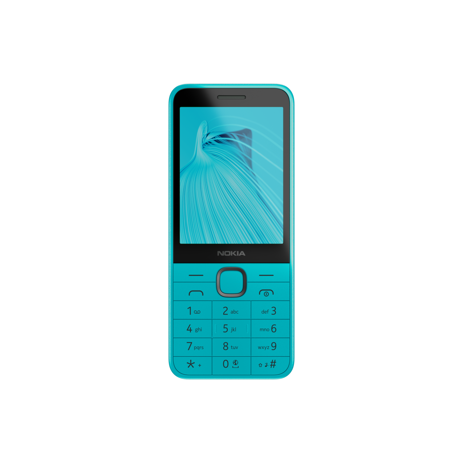 Een turquoise Nokia-telefoon met een toetsenbord, een beeldscherm en het Nokia-logo bovenaan.