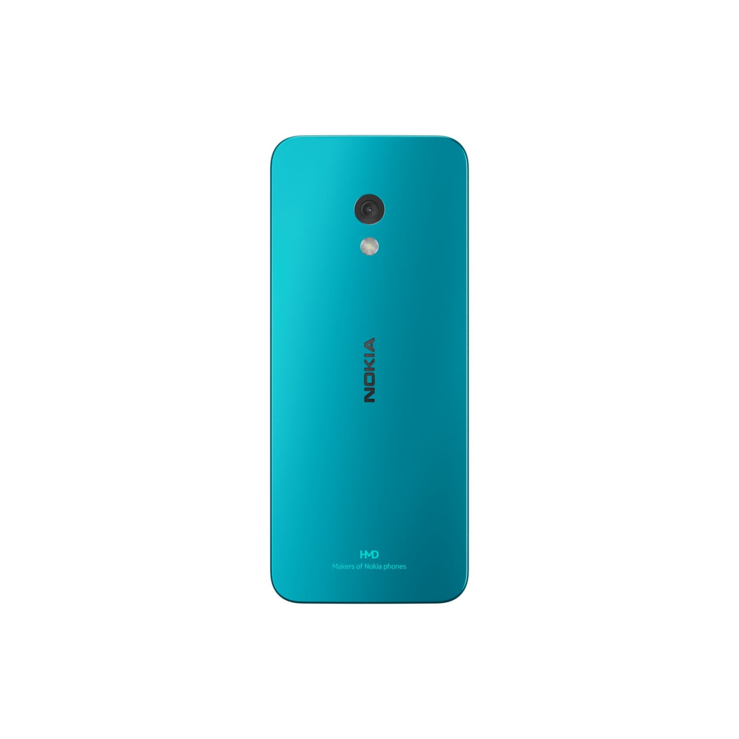 Achterkant van een turquoise Nokia-telefoon met camera en logo. Zwarte achtergrond.