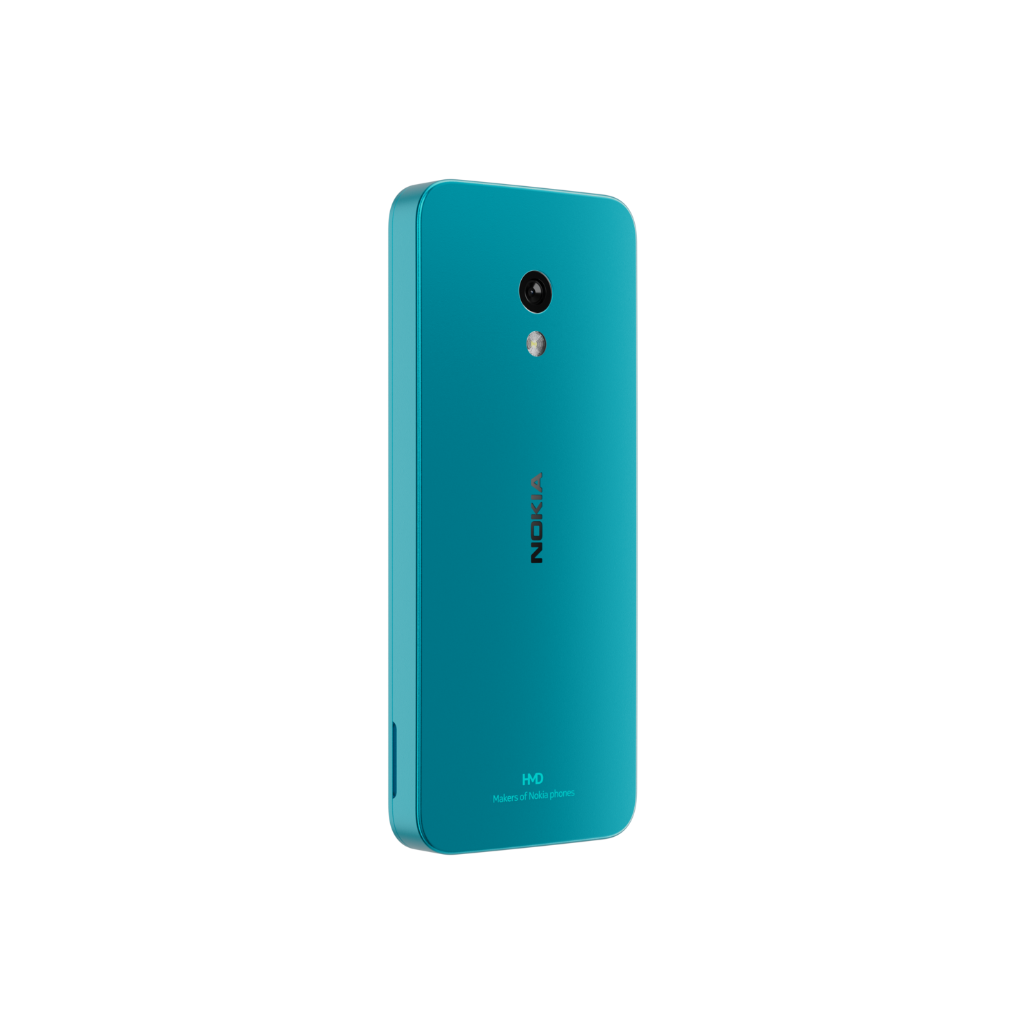 Telefoonachterkant in de kleur blauwgroen, met een camera, het woord NOKIA en HMD, makers van Nokia-telefoons.