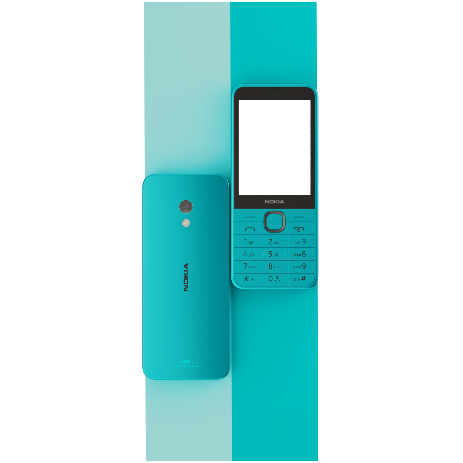 Twee cyaan Nokia-telefoons worden getoond. Eén ligt op zijn rug, de andere toont het scherm en het toetsenbord.