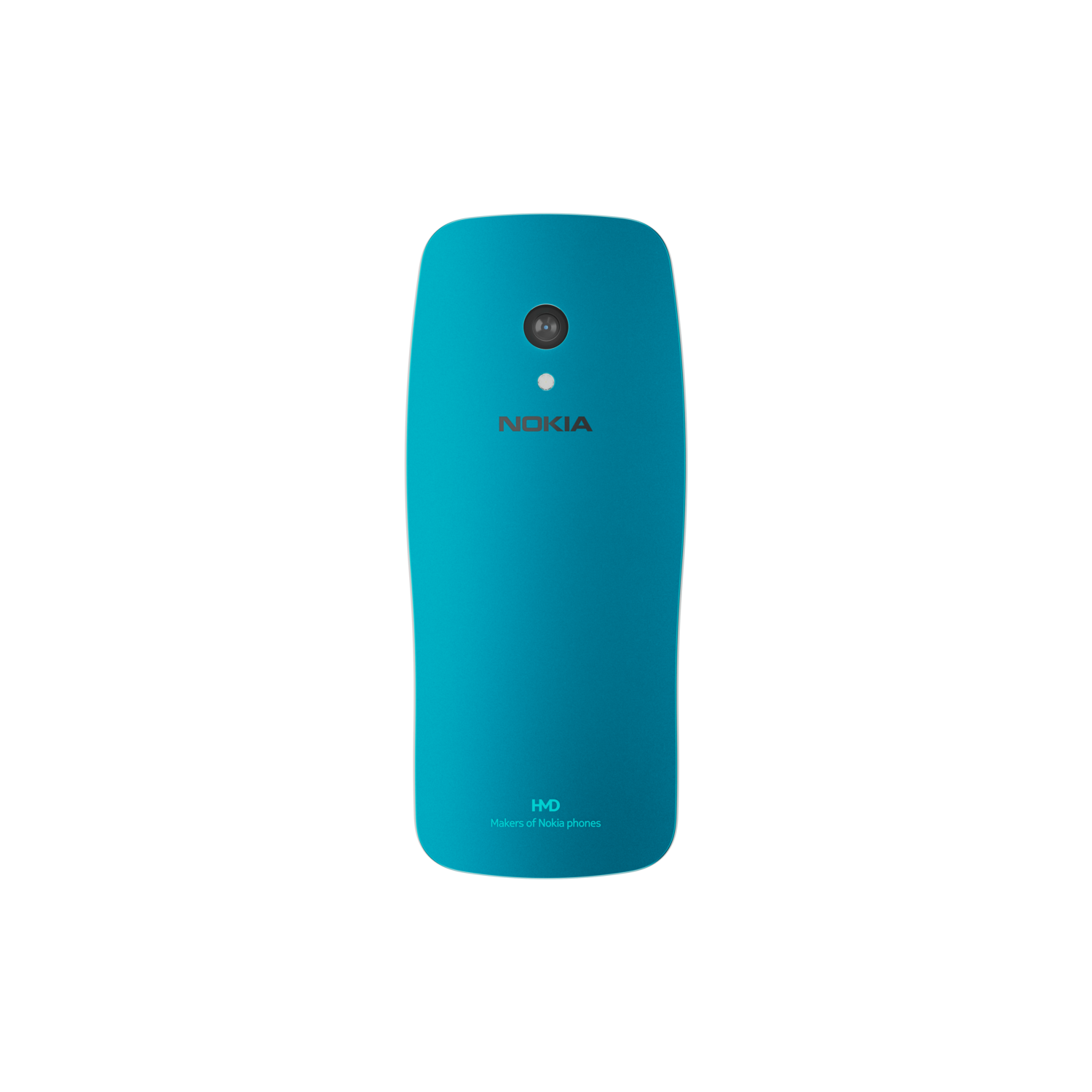 Achterkant van een turquoise Nokia-telefoon met camera en witte stip.