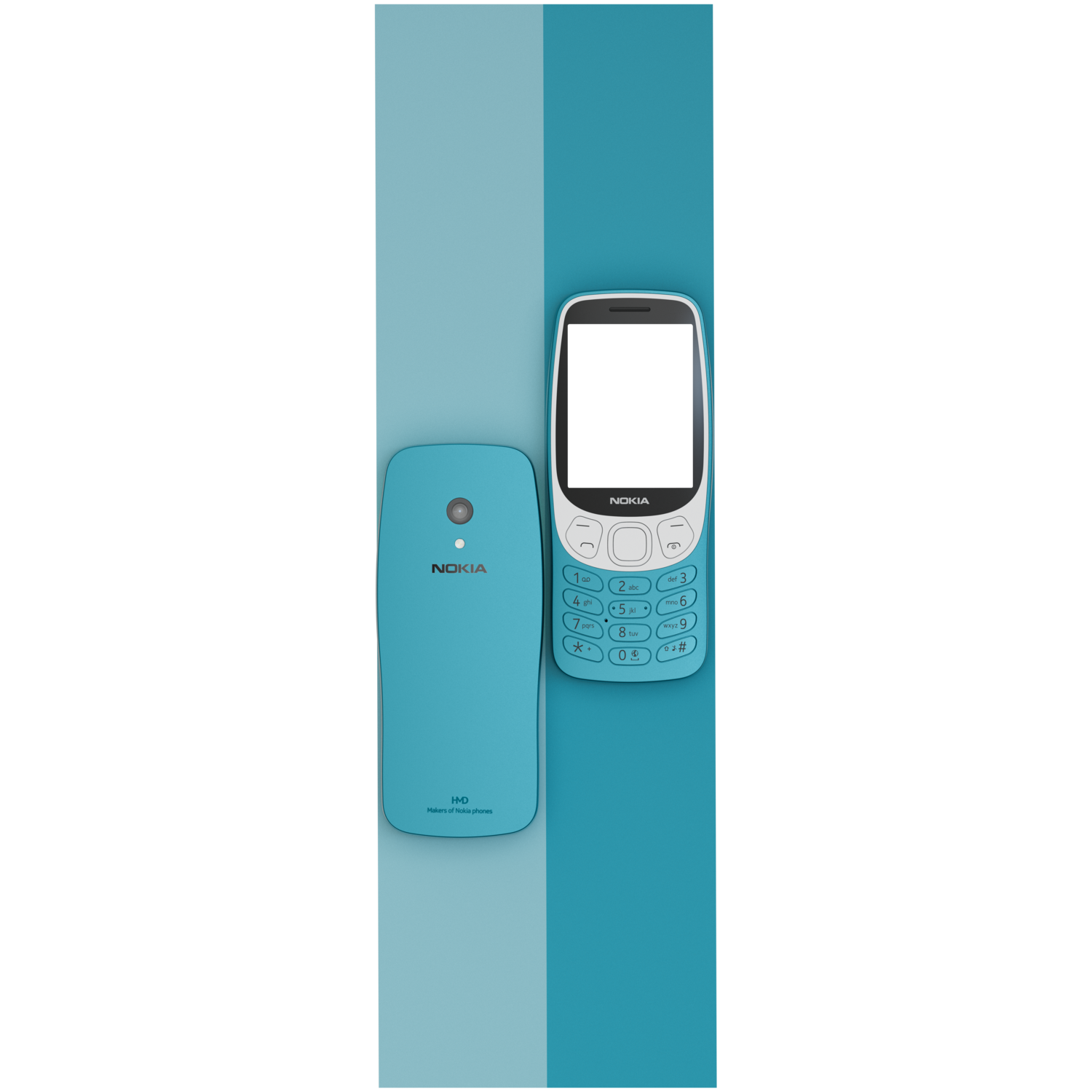 Een blauwe Nokia-telefoon, met de achter- en voorkant. De voorkant toont het toetsenbord en het scherm.