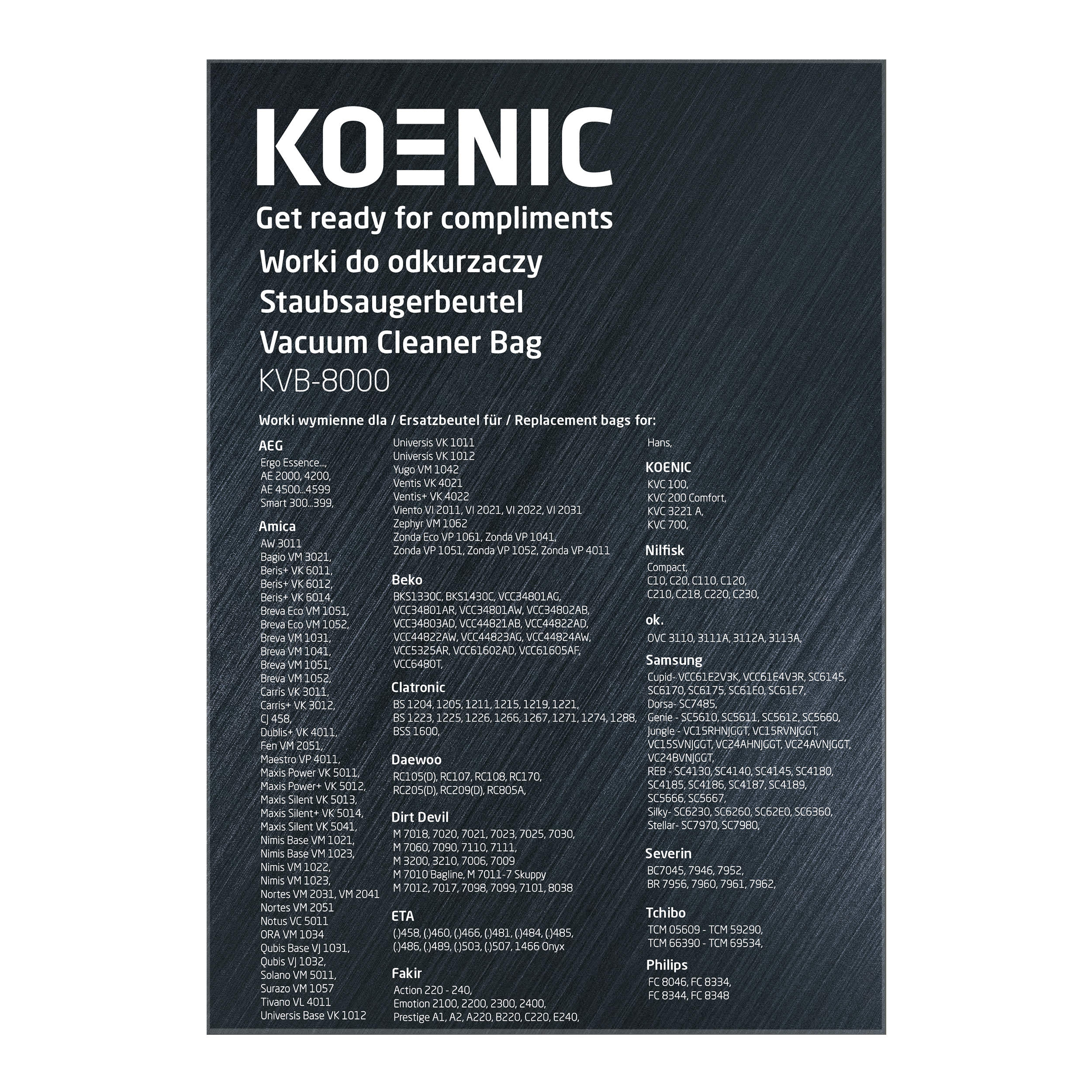 Opakowanie worka do odkurzacza z nazwą marki i modelami zamiennymi.