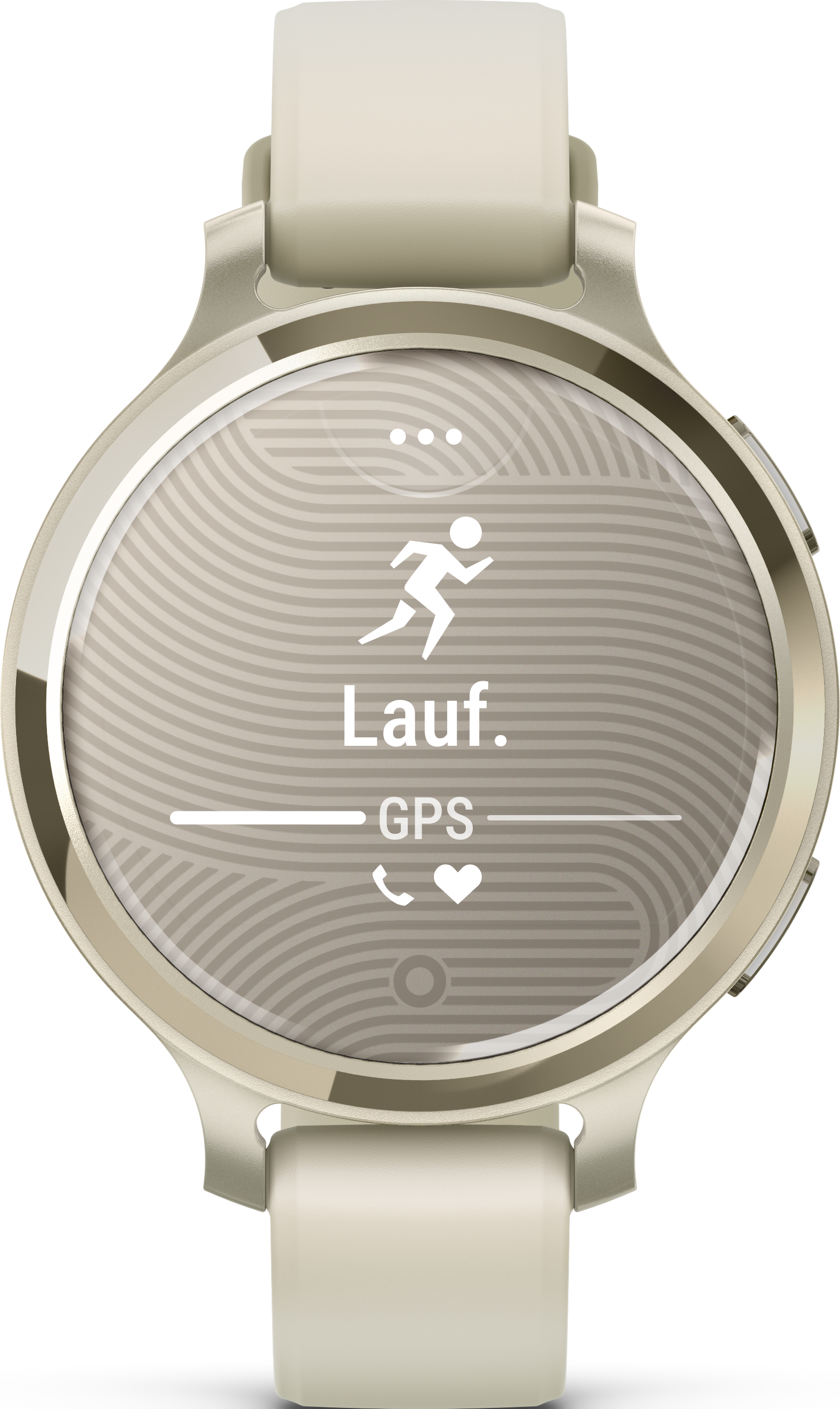 La montre intelligente crème affiche une icône d'homme qui court et le mot 'Lauf.' sur l'écran. Le bracelet est de couleur crème.