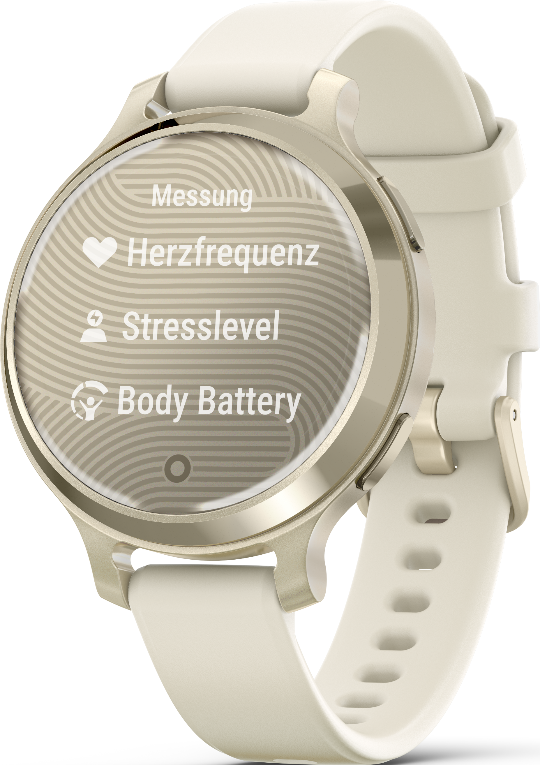 Montre intelligente crème avec métriques de santé affichées. Bracelet crème et cadre doré.