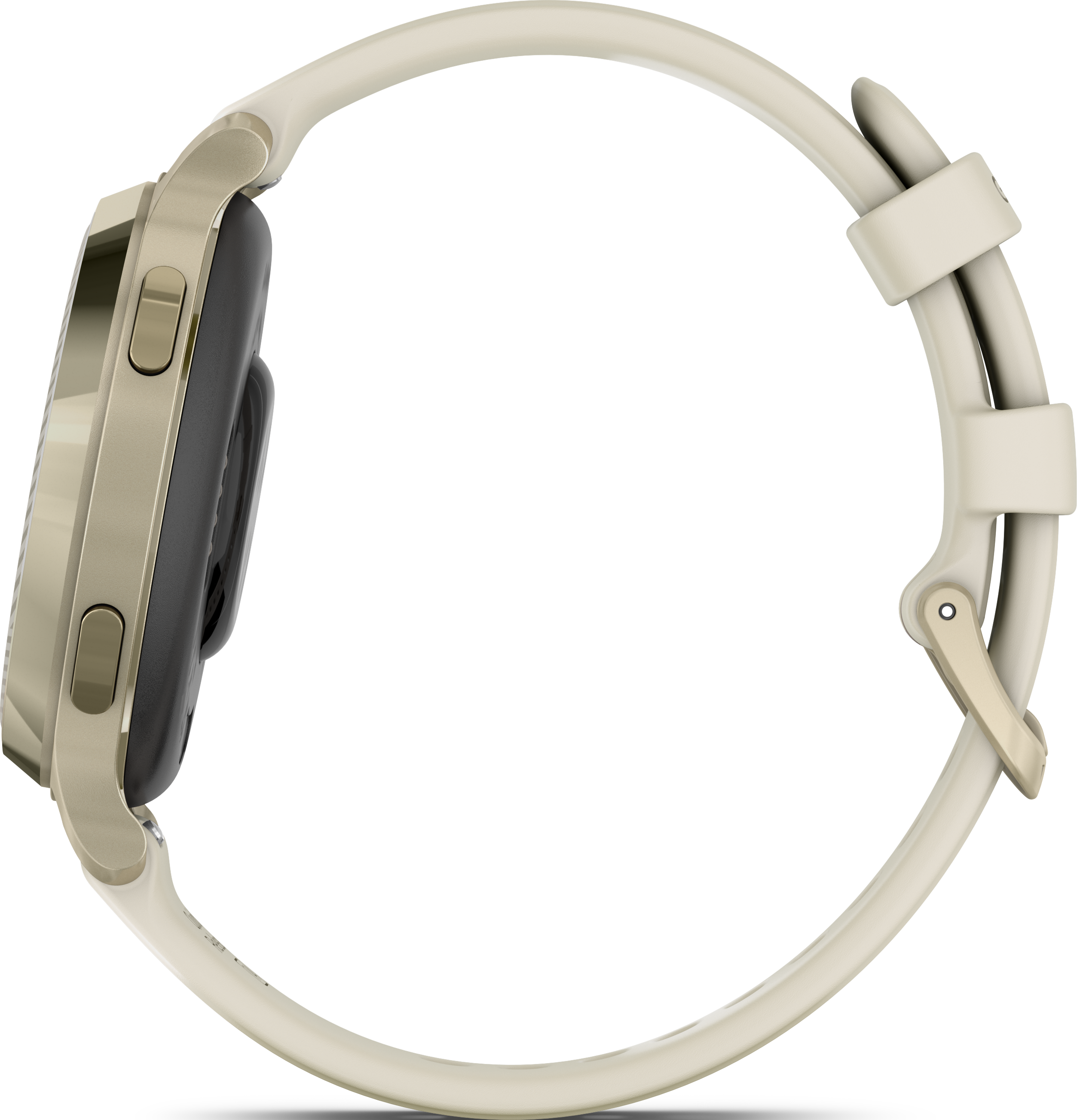 Vue latérale d'une montre intelligente beige avec bracelet beige et détails dorés.