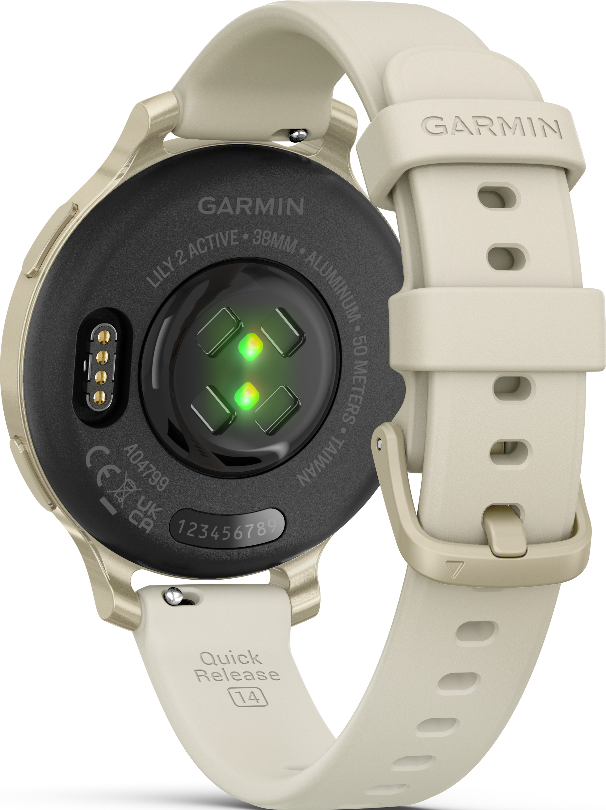 Vue arrière d'une montre intelligente Garmin beige, montrant les capteurs, le bracelet et le nom de la marque.