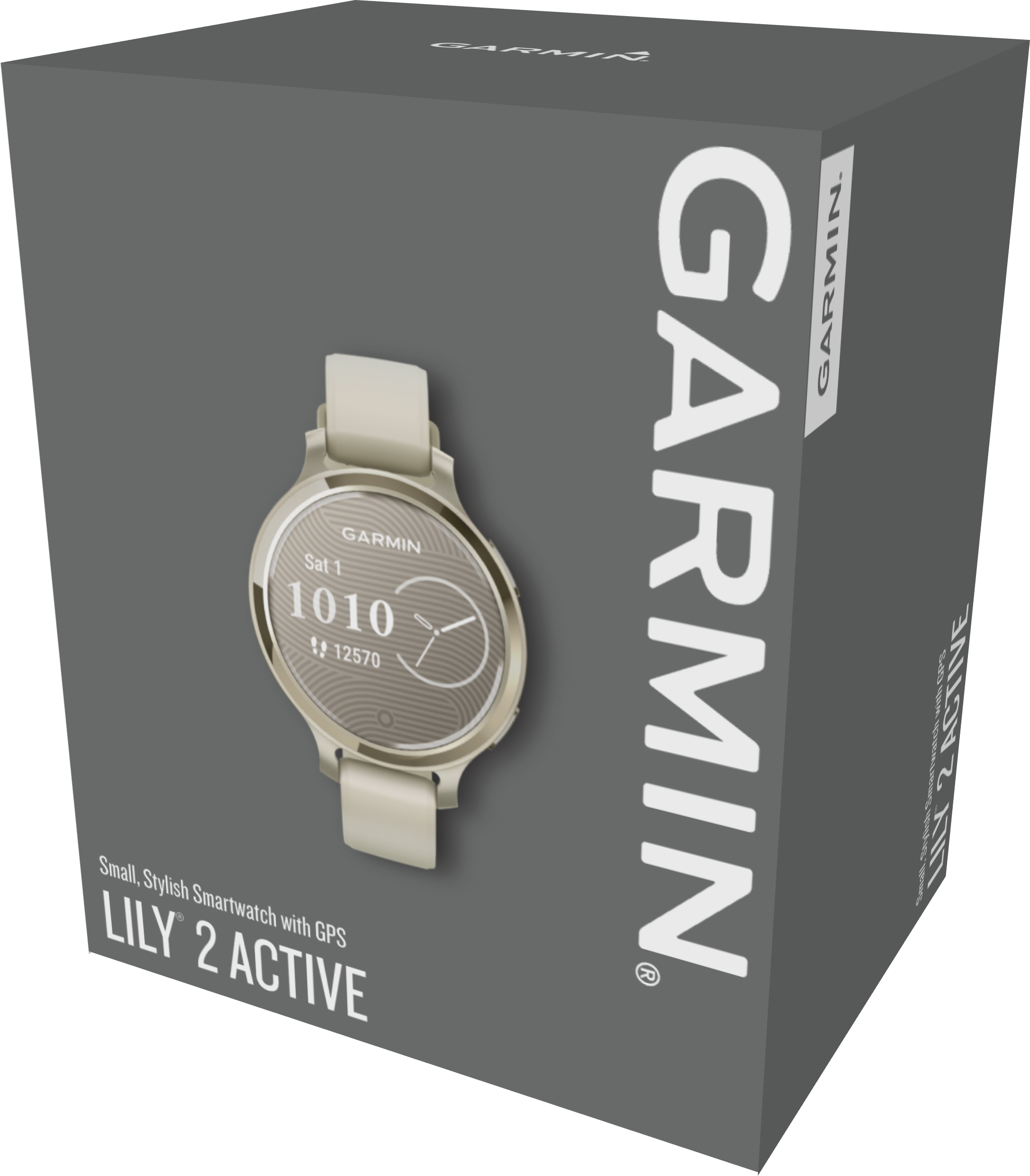Boîte de montre connectée Garmin Lily 2 Active, avec image de la montre sur le devant.