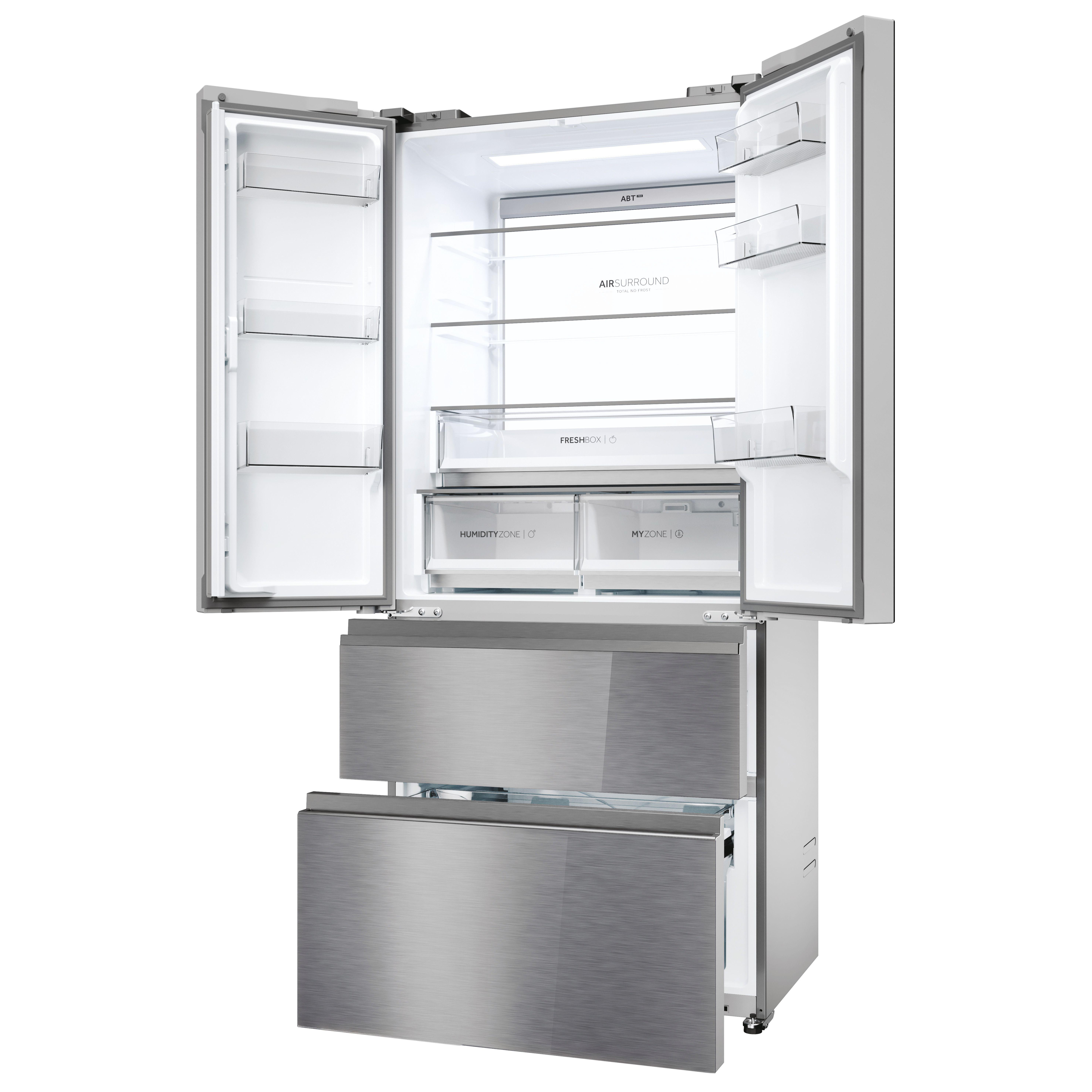 Offener Kühlschrank aus Edelstahl. Innen: Regale, Schubladen und transparente Behälter.