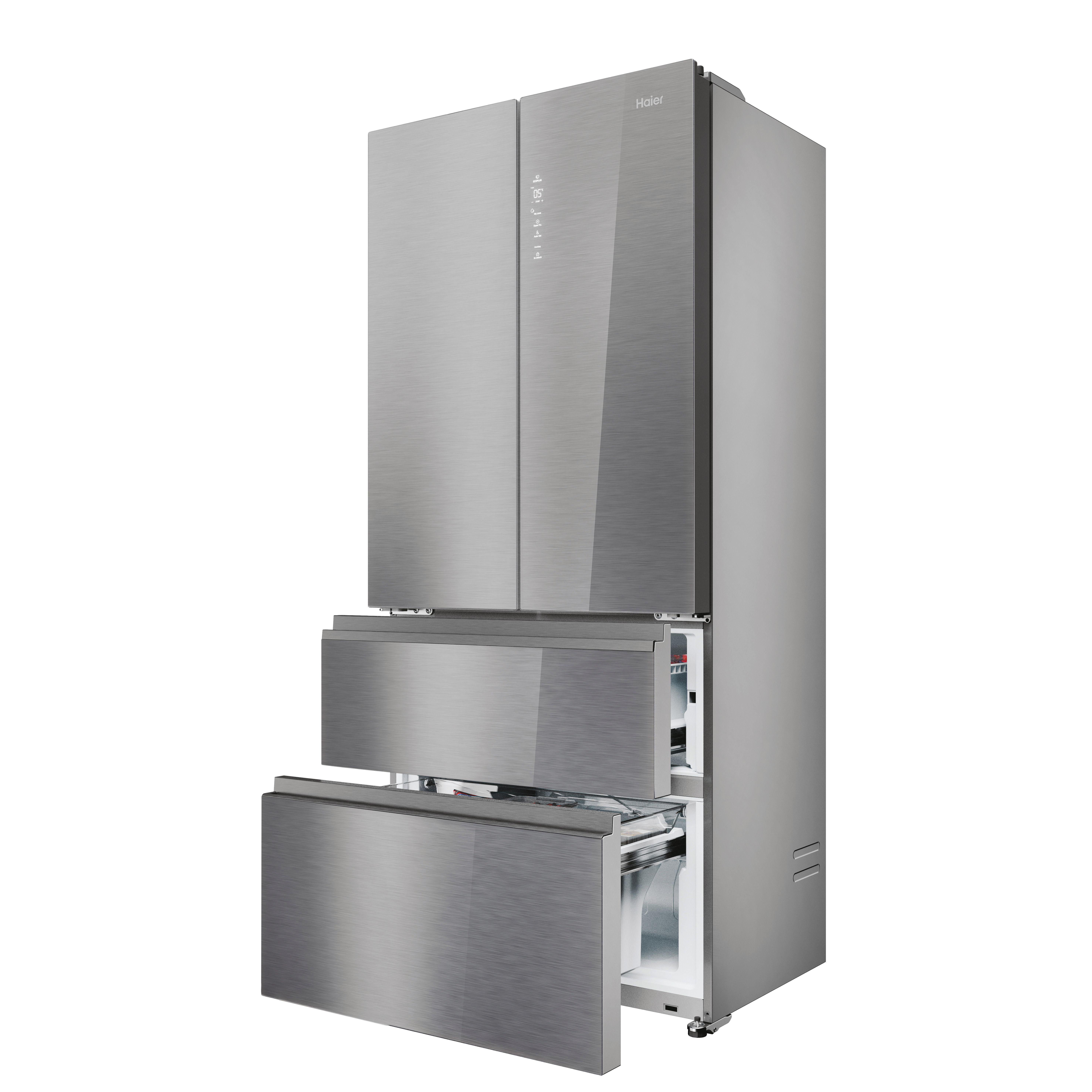 Edelstahl Haier Kühlschrank, zwei Schubladen geöffnet.