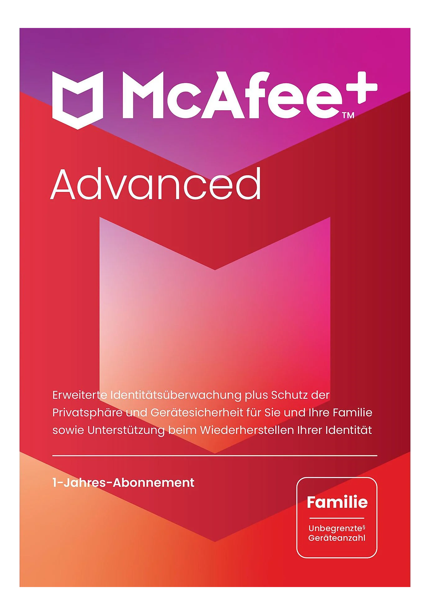 McAfee+ Advanced Produktbox. Rotes und lila Design mit Text und dem Label 'Familie'.