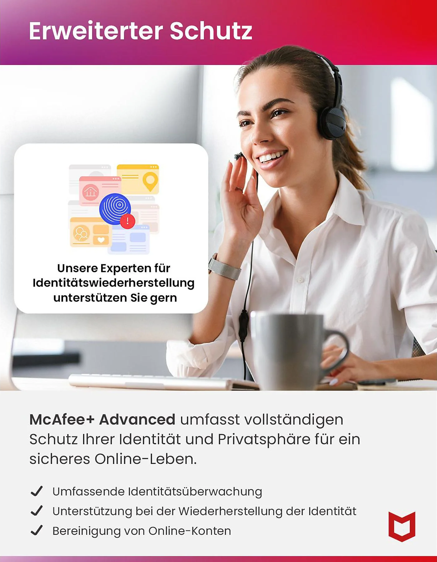 Donna con cuffie, sorridente e che parla. Uno schermo mostra un'interfaccia McAfee+ con icone di sicurezza.
