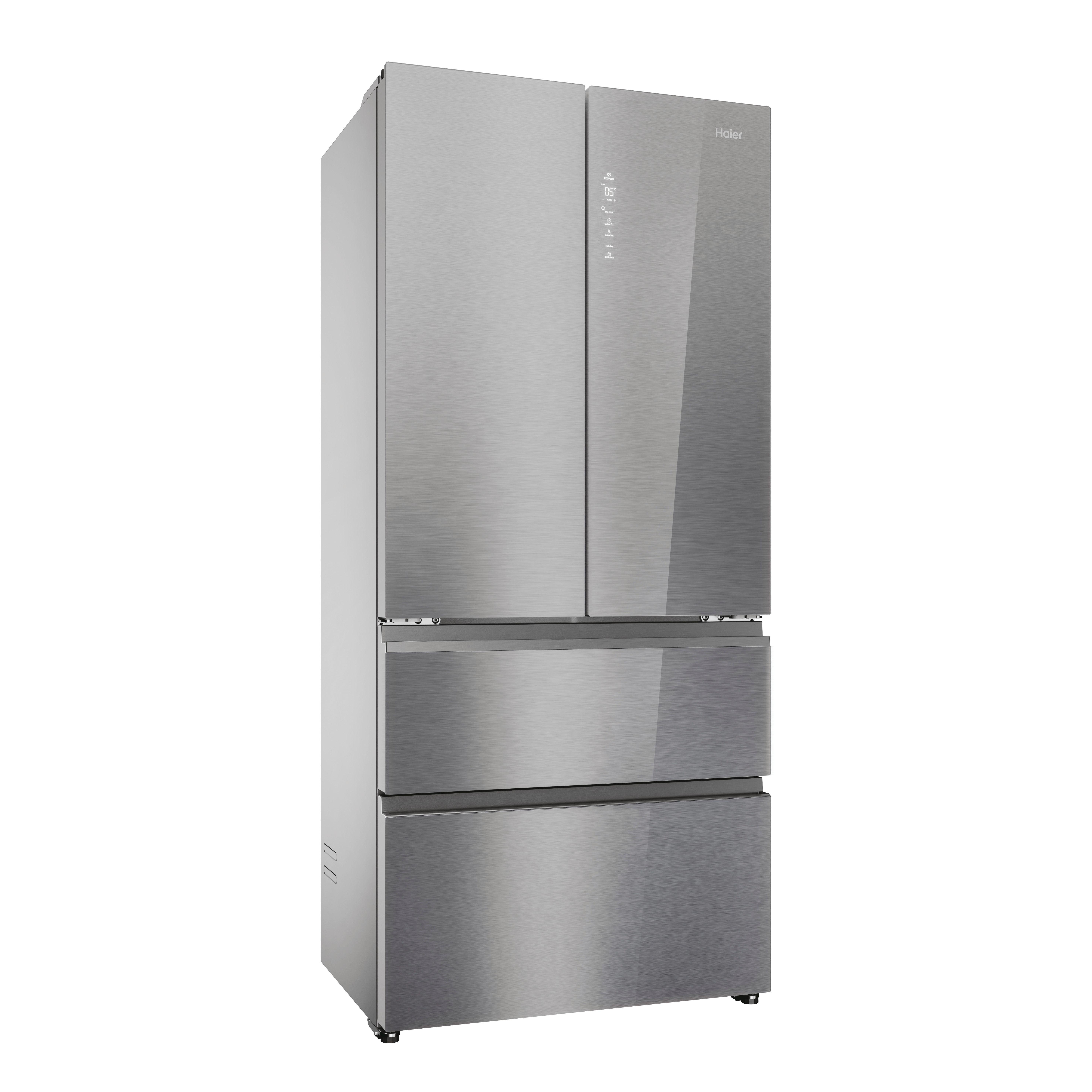 Ein Edelstahl-Kühlschrank von Haier mit vier Türen und zwei Schubladen.