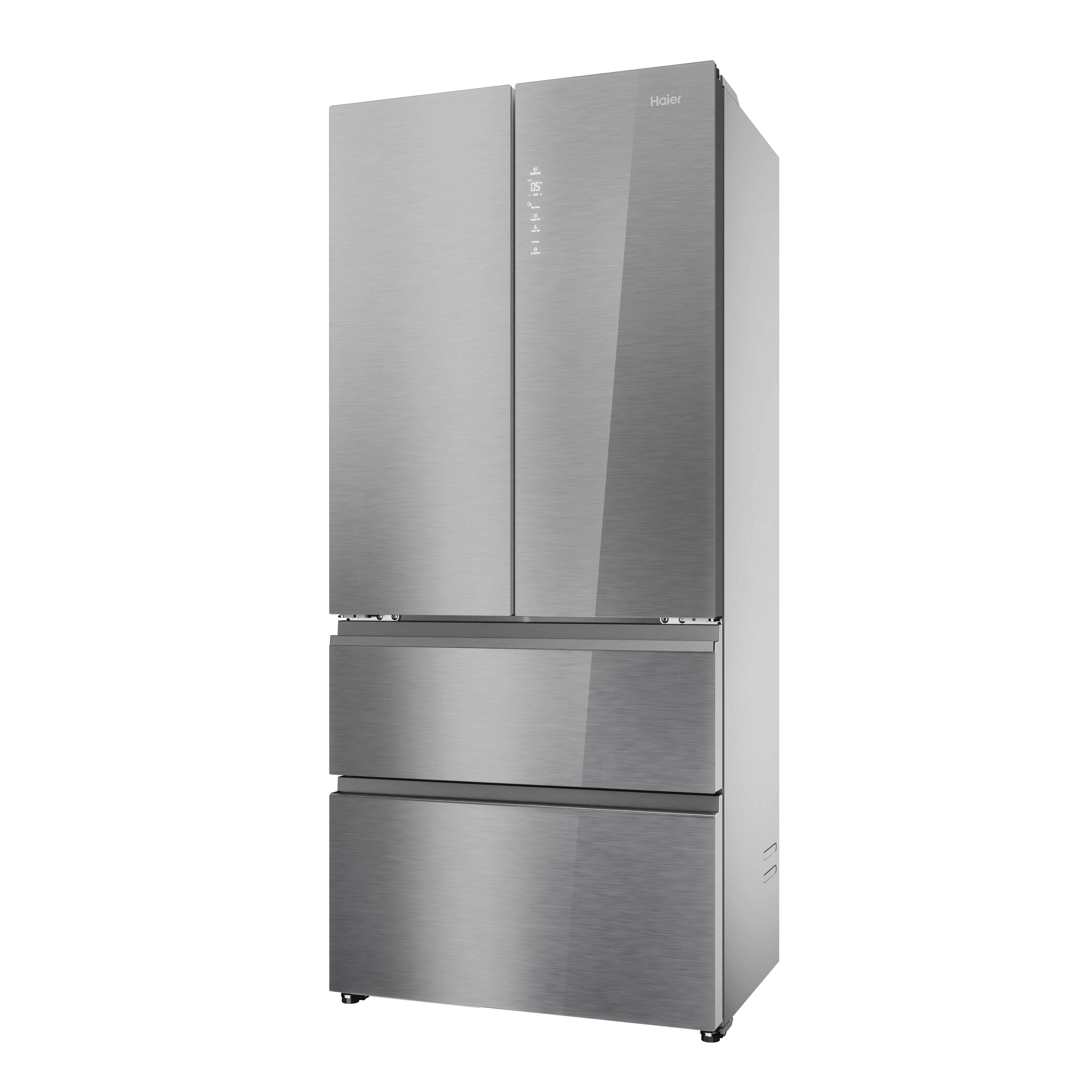 Ein Edelstahl-Haier-Kühlschrank mit drei Türen und zwei Schubladen.