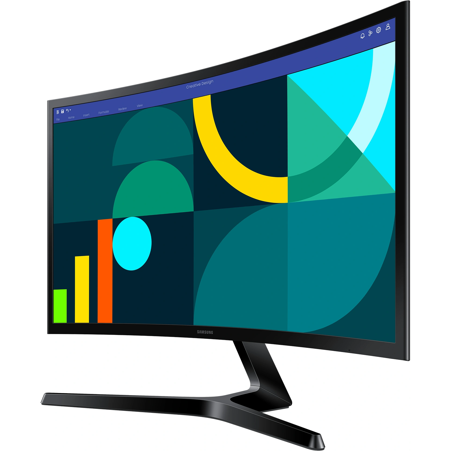 A curved computer monitor displaying a geometric design on its screen.
