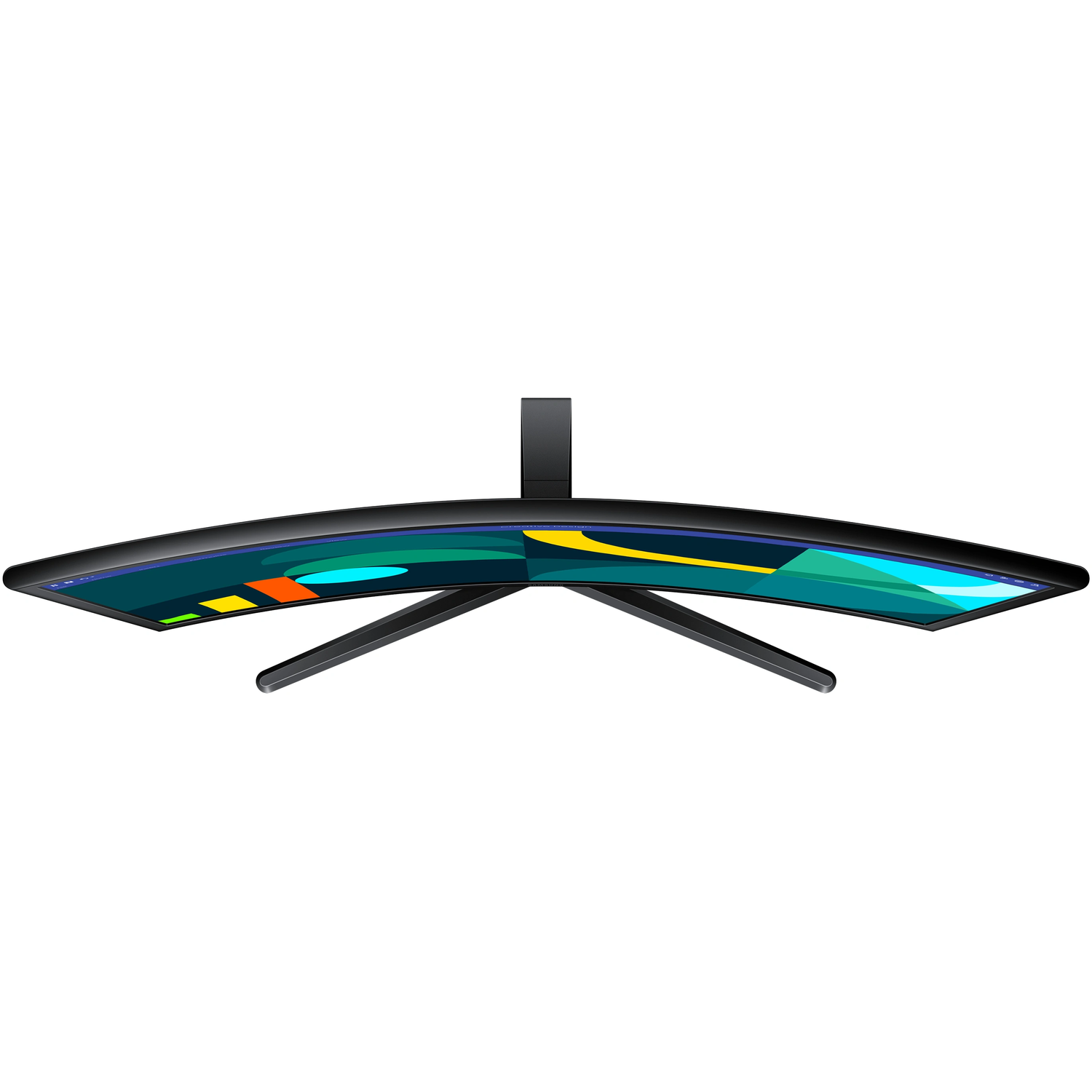 Curved black computer monitor, supported by a stand, against a black background.