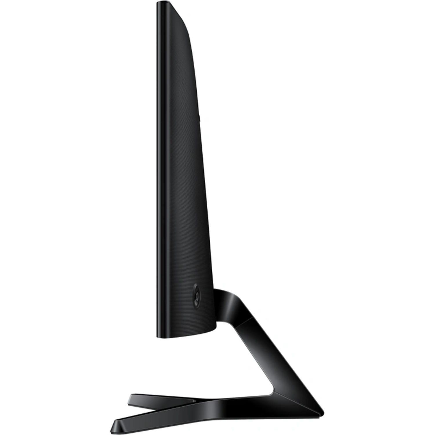 A side view of a black computer monitor with a curved base and sleek design.