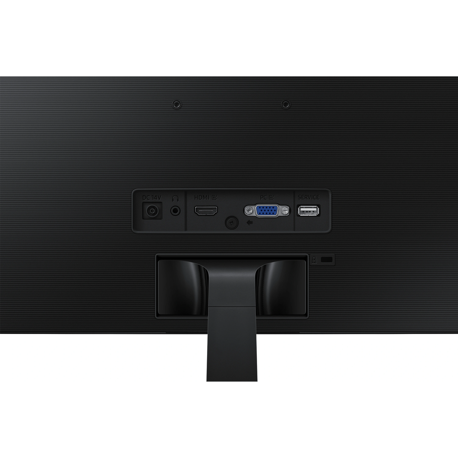 Back panel of a monitor with ports: DC, HDMI, PC/VGA, USB, and a power button.