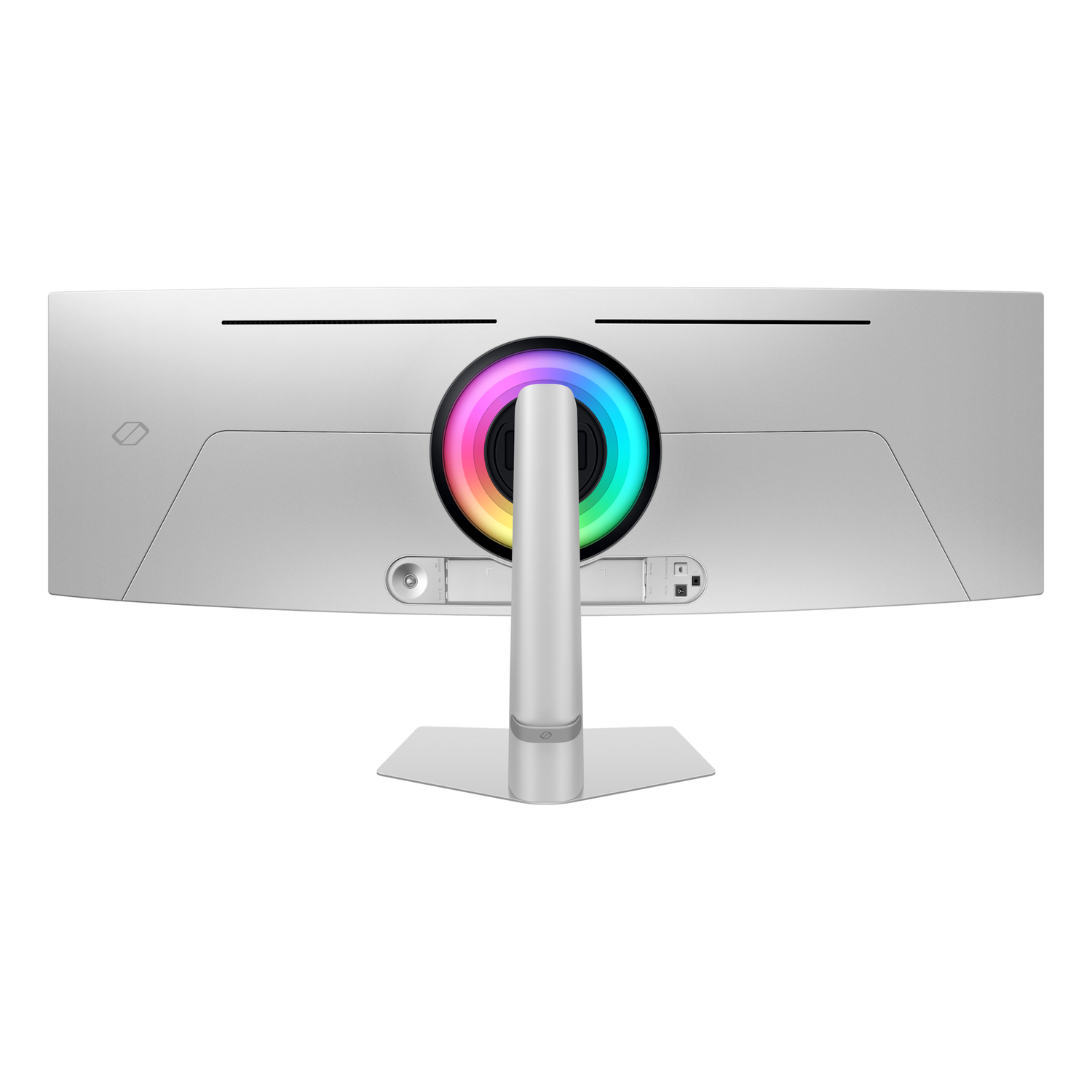 Rear view of a silver monitor with a colorful circular light and stand, white background.