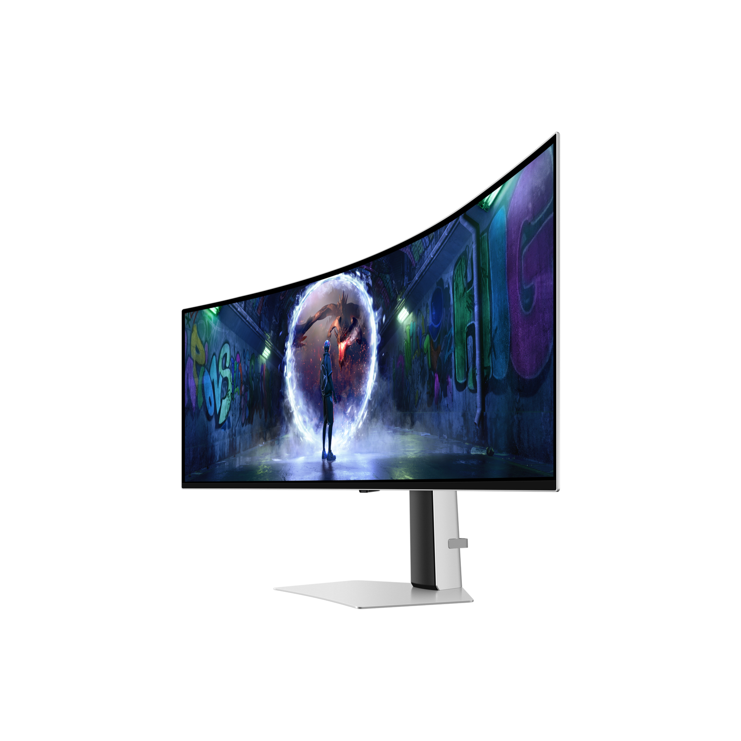 Curved monitor displaying a scene of a person in a portal.