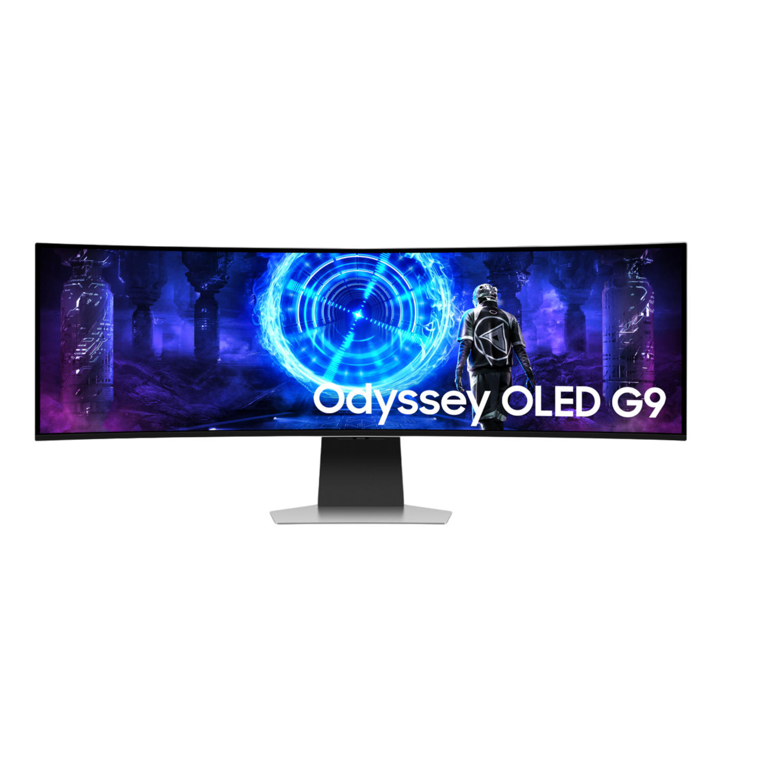 Ultrabrede monitor met een futuristische achtergrond en een personage in een pak. Het merk is Samsung.