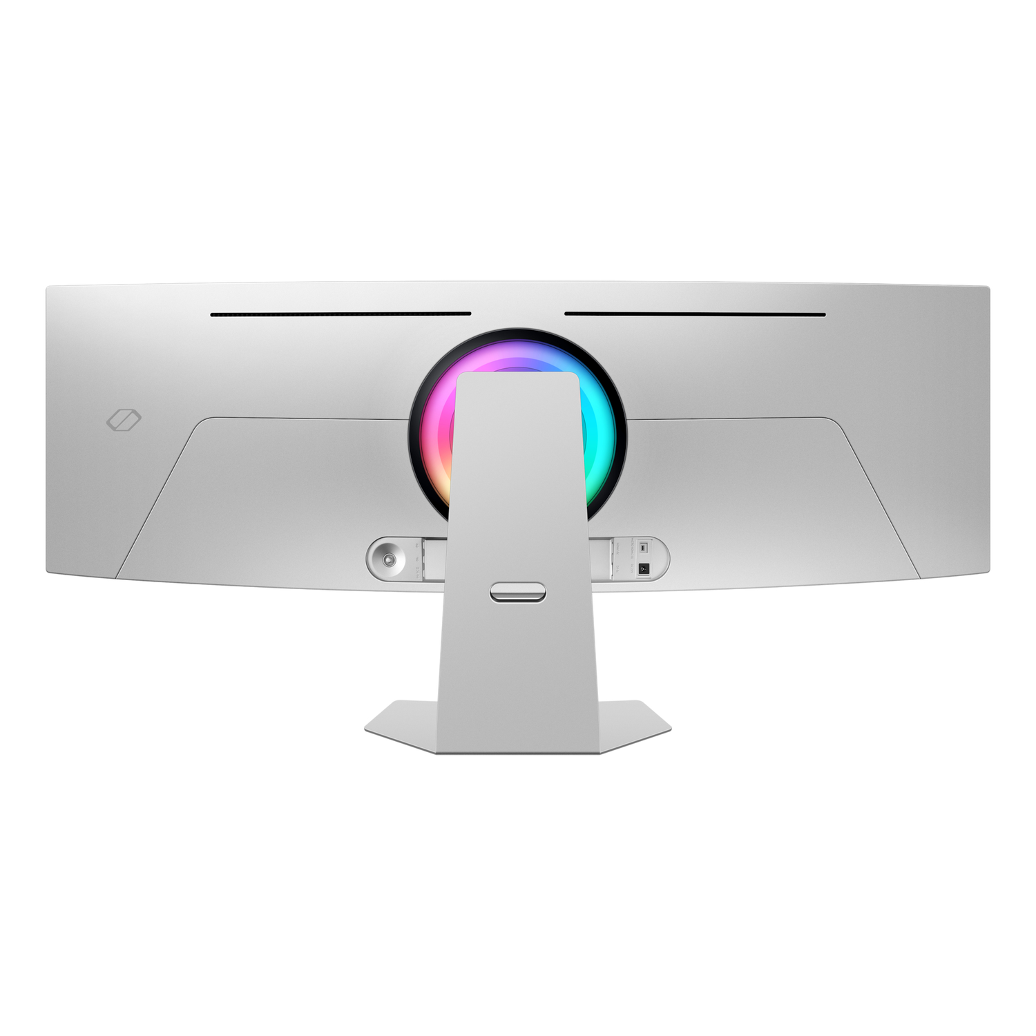 Achteraanzicht van een zilveren monitor met een cirkelvormig licht en een standaard.