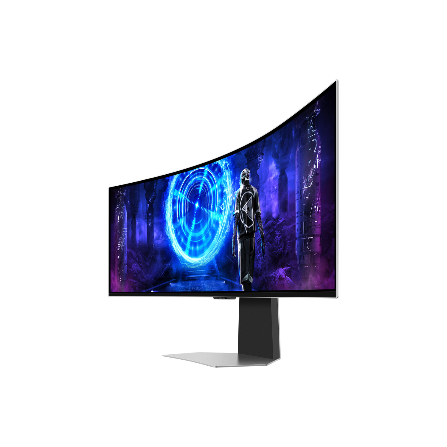 Gebogen ultrawide gaming monitor met een sci-fi scène. De monitor staat op een standaard.