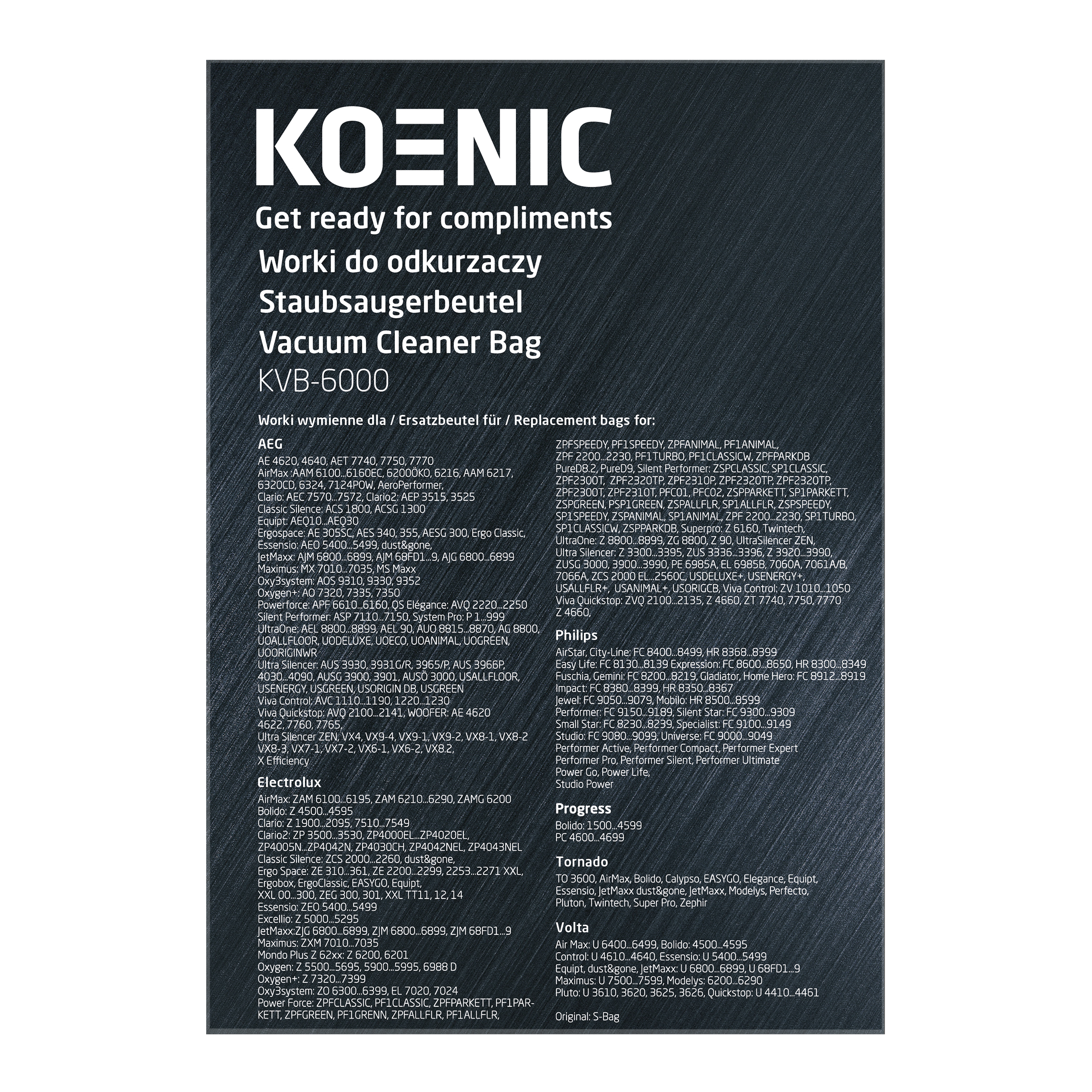 Worek do odkurzacza KVB-6000 z tekstem i logo. Nazwy produktów są wymienione na czarnym tle.