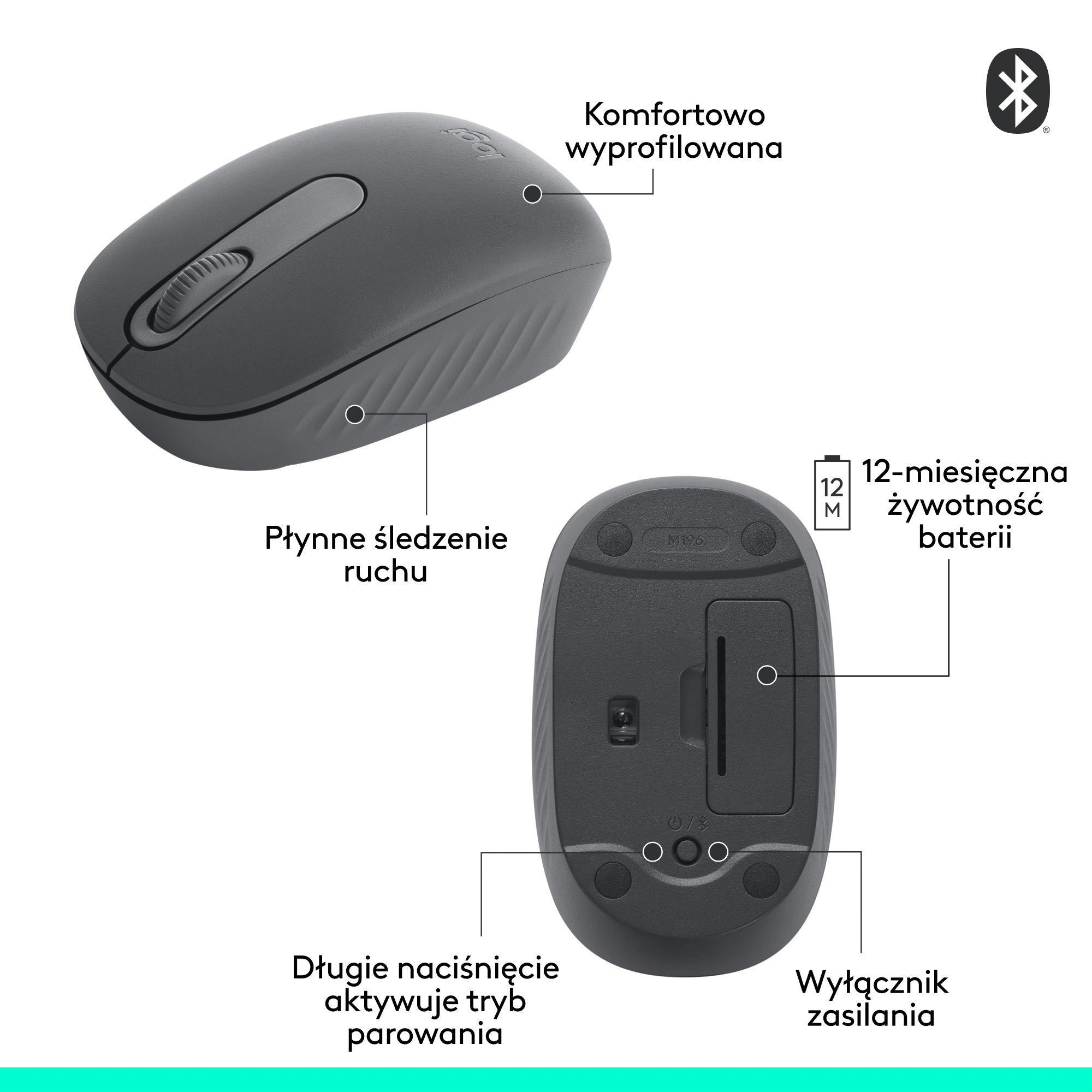 Szara mysz Logitech z etykietami tekstowymi. Ma kółko przewijania i przyciski. Pokazano tył.