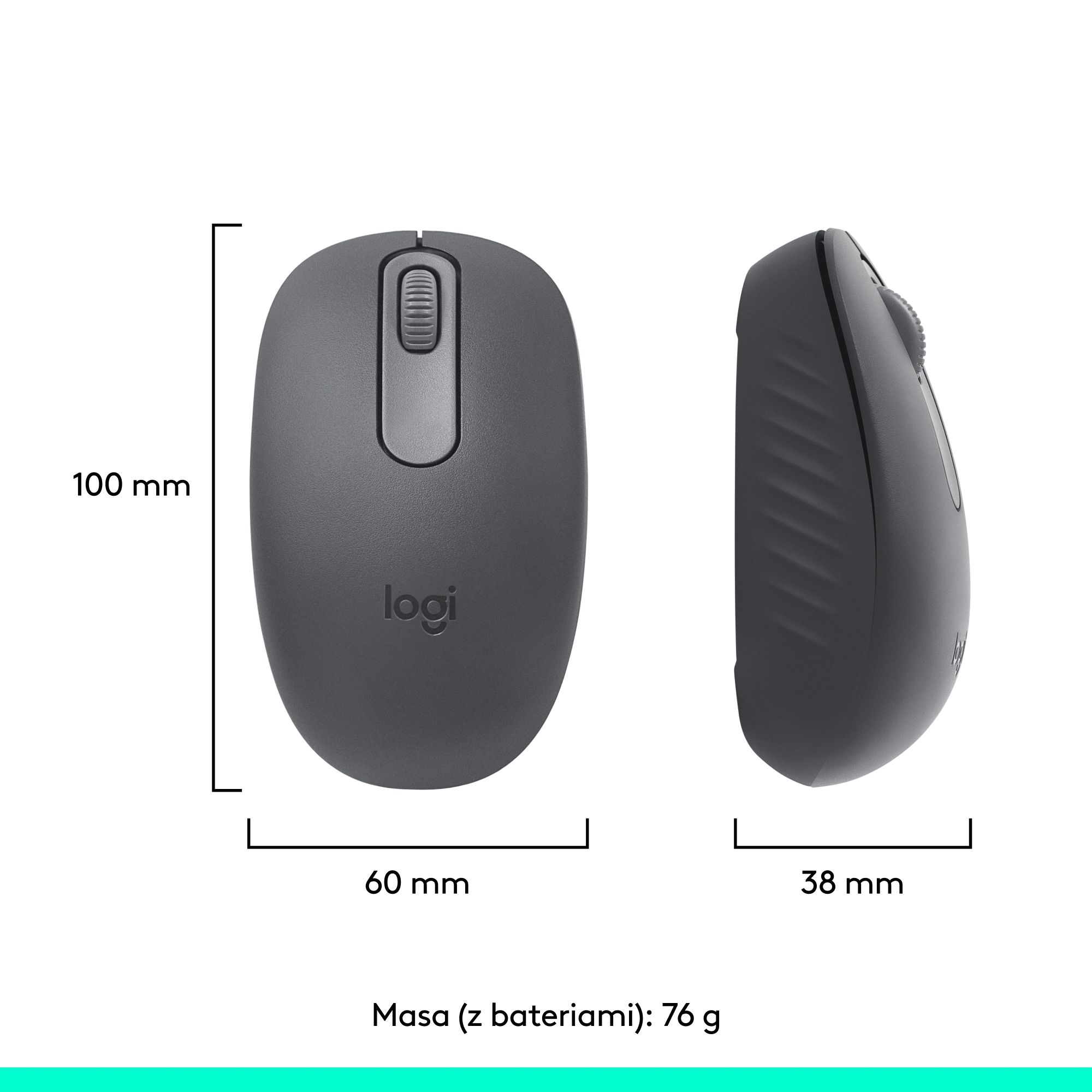 Spód szarej myszy Logitech. Widoczny jest numer modelu, przycisk zasilania i komora baterii.