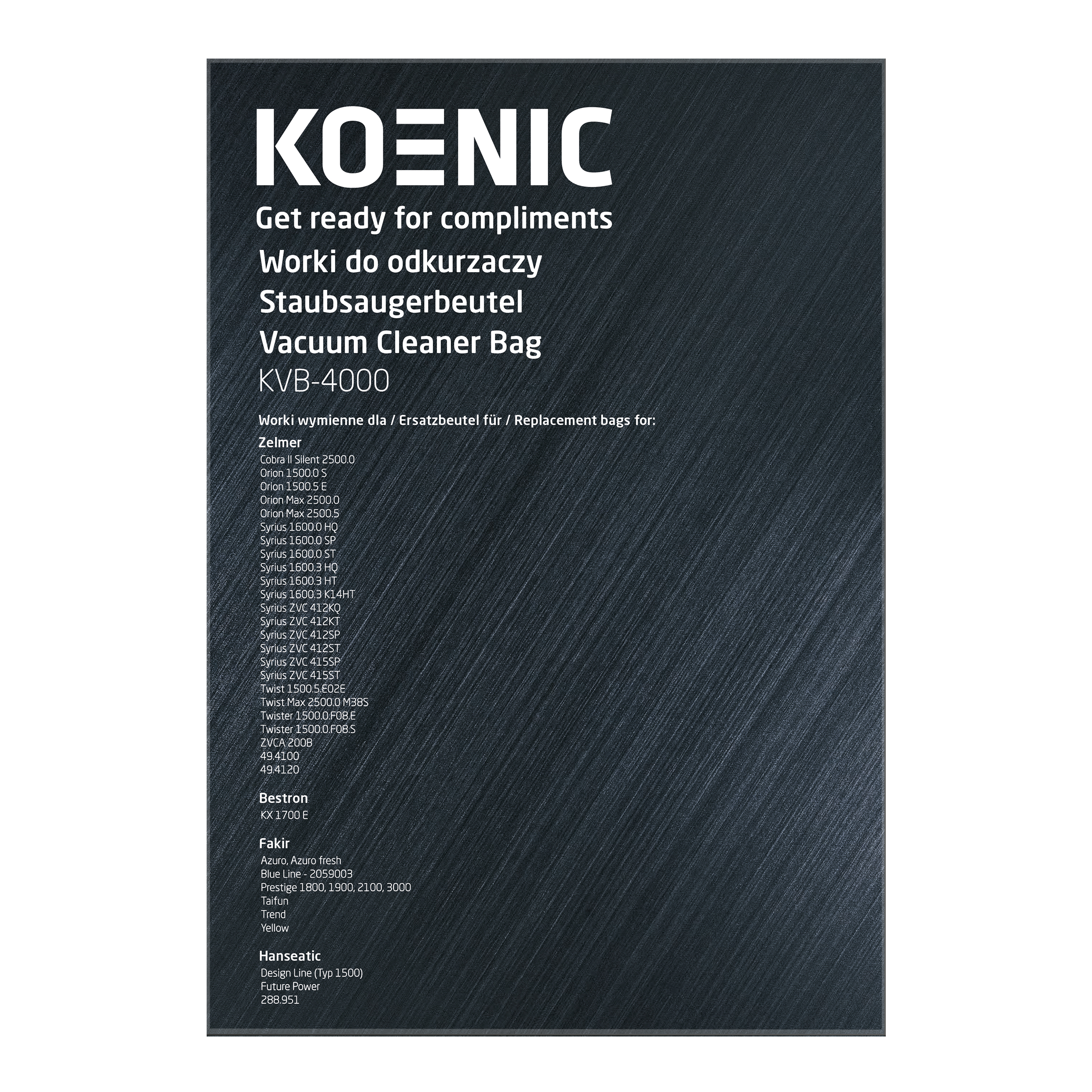 Opakowanie worka do odkurzacza Koenic. Tekst w wielu językach. Wymienia typy worków.
