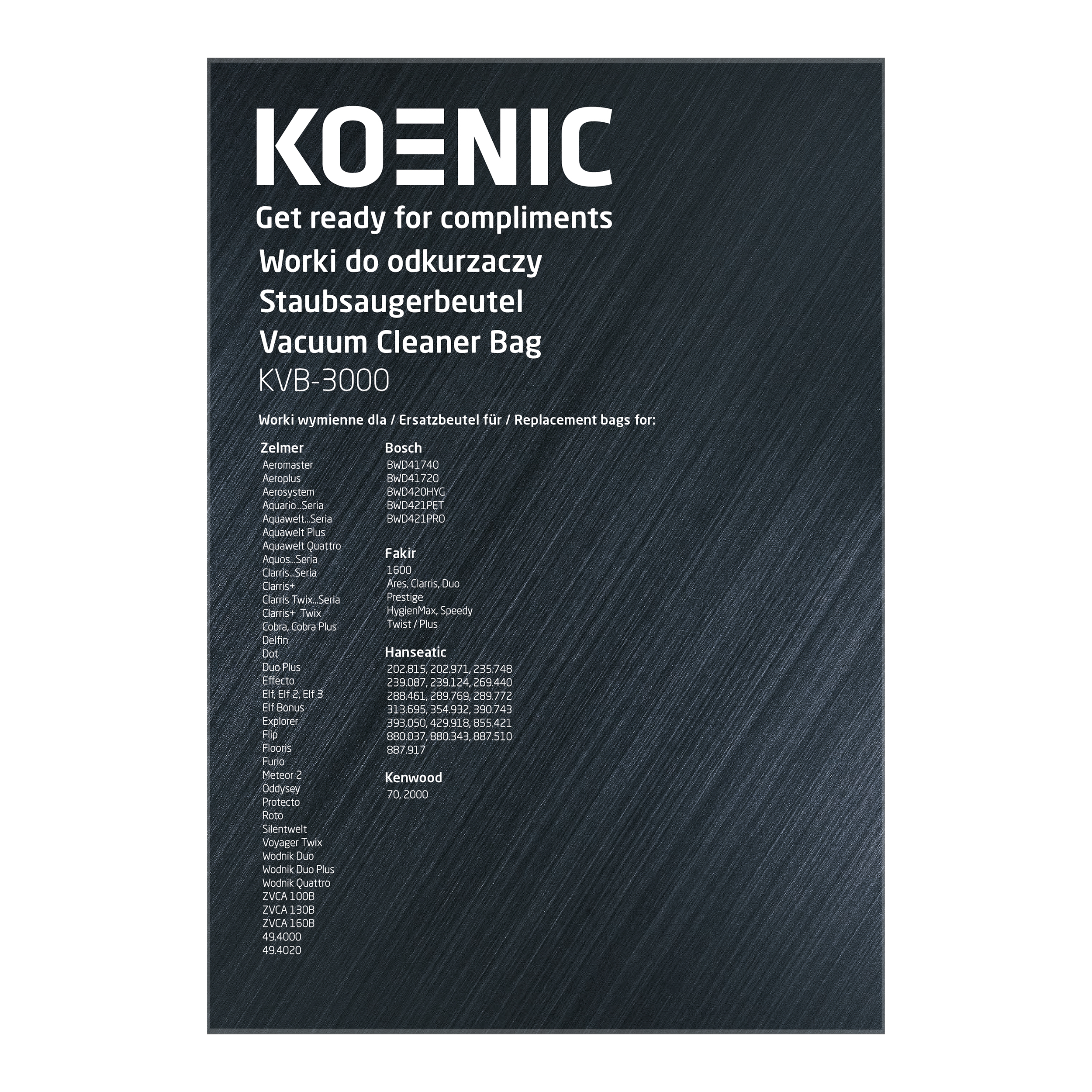 Karta informacyjna worka do odkurzacza ze szczegółami produktu. Szare tło.