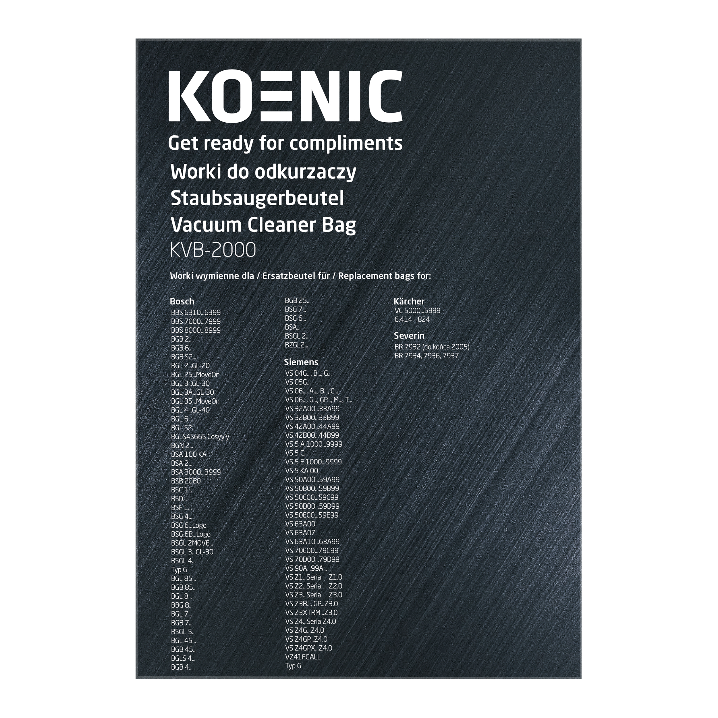 Biało-czarne opakowanie worka do odkurzacza Koenic z listą kompatybilnych modeli.