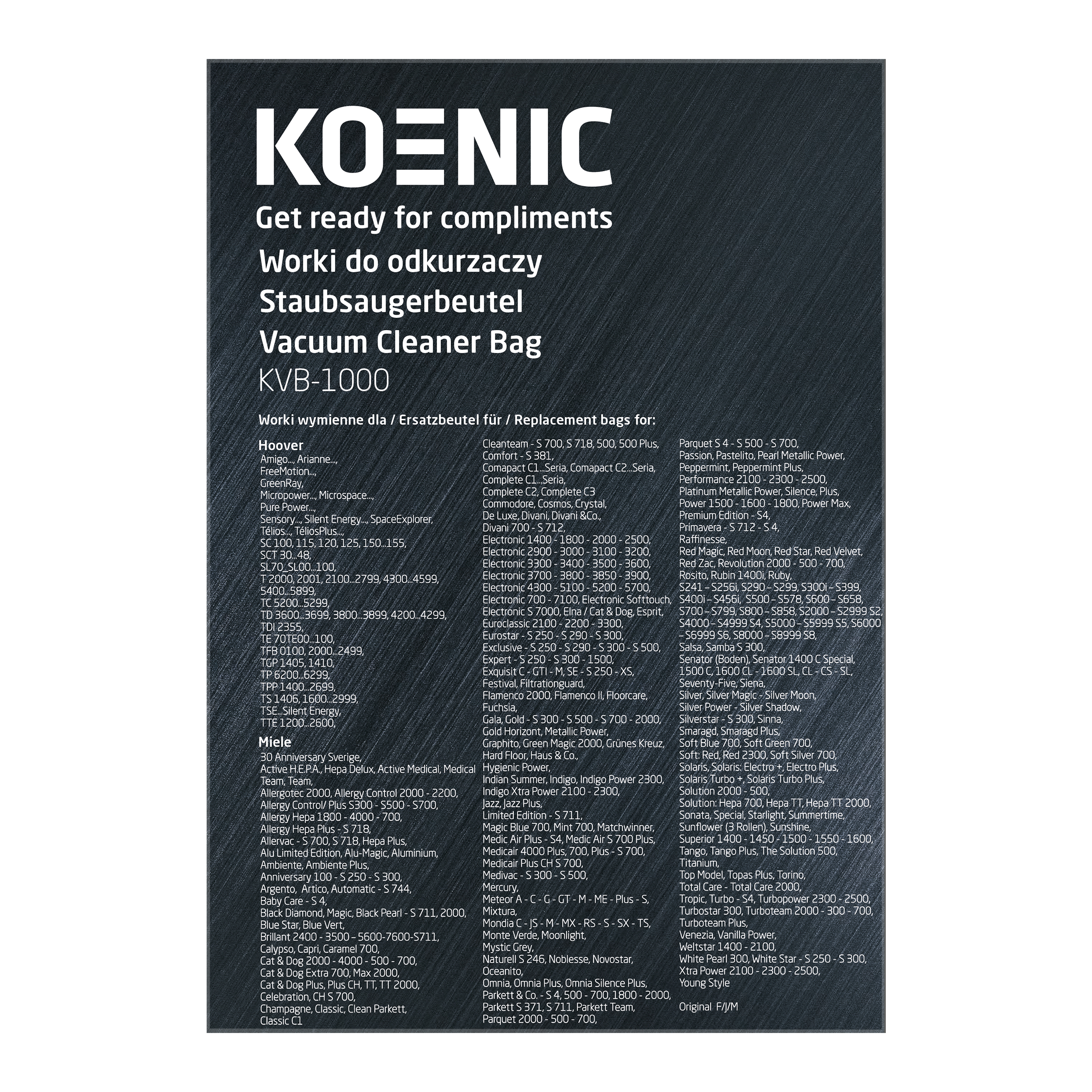 Worek do odkurzacza Koenic z wymienionymi różnymi numerami modeli odkurzaczy.