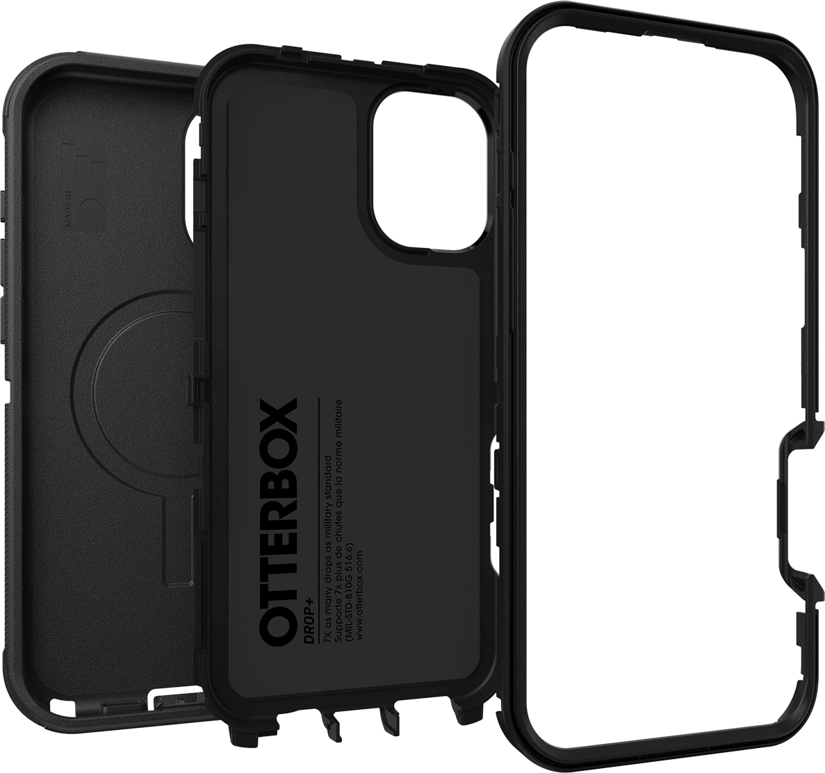 Fekete Otterbox tok részei; a tok, a belső rész és a telefon körvonala.