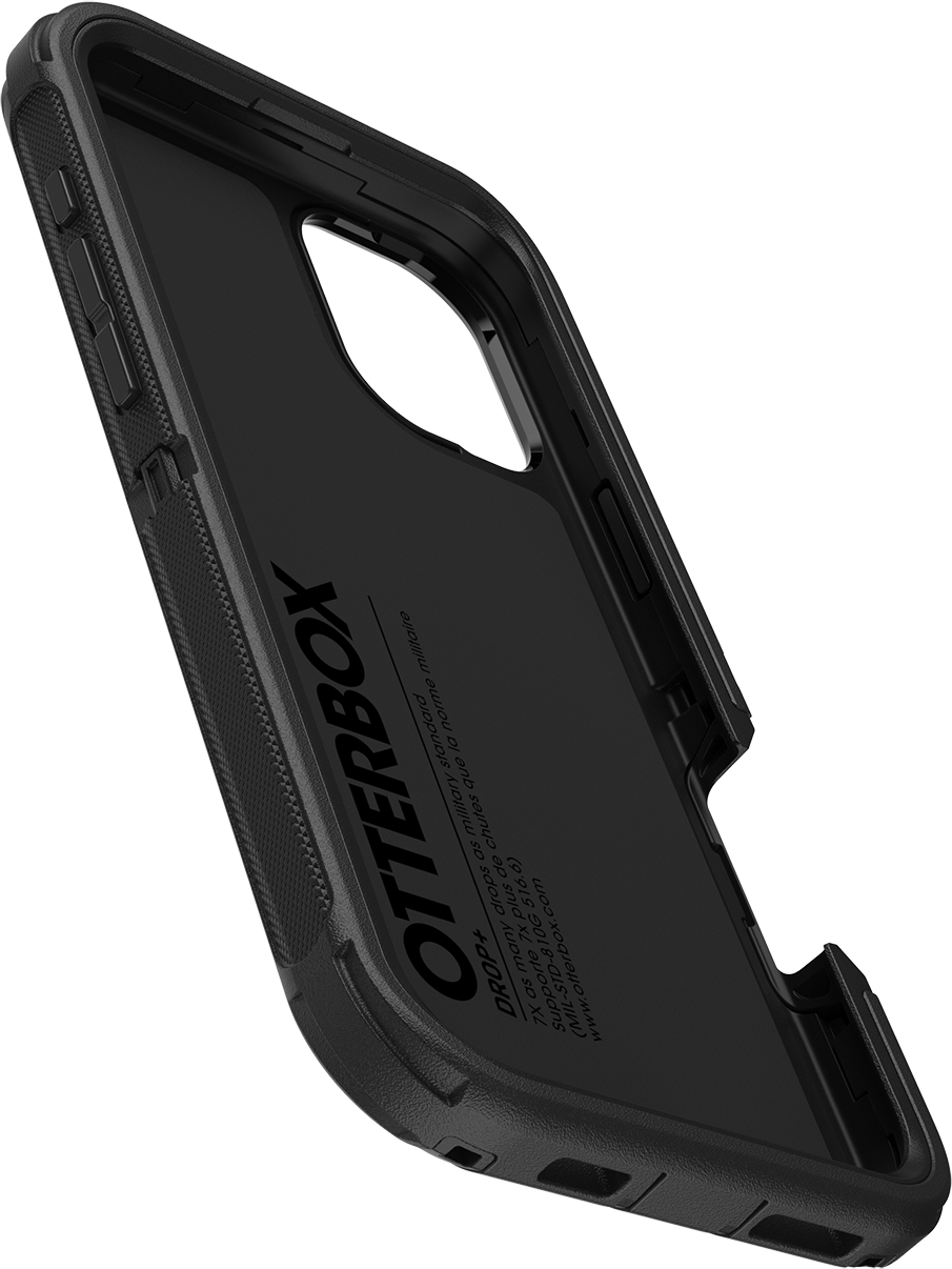 Fekete Otterbox telefontok, szögben, közelkép a részletekről.