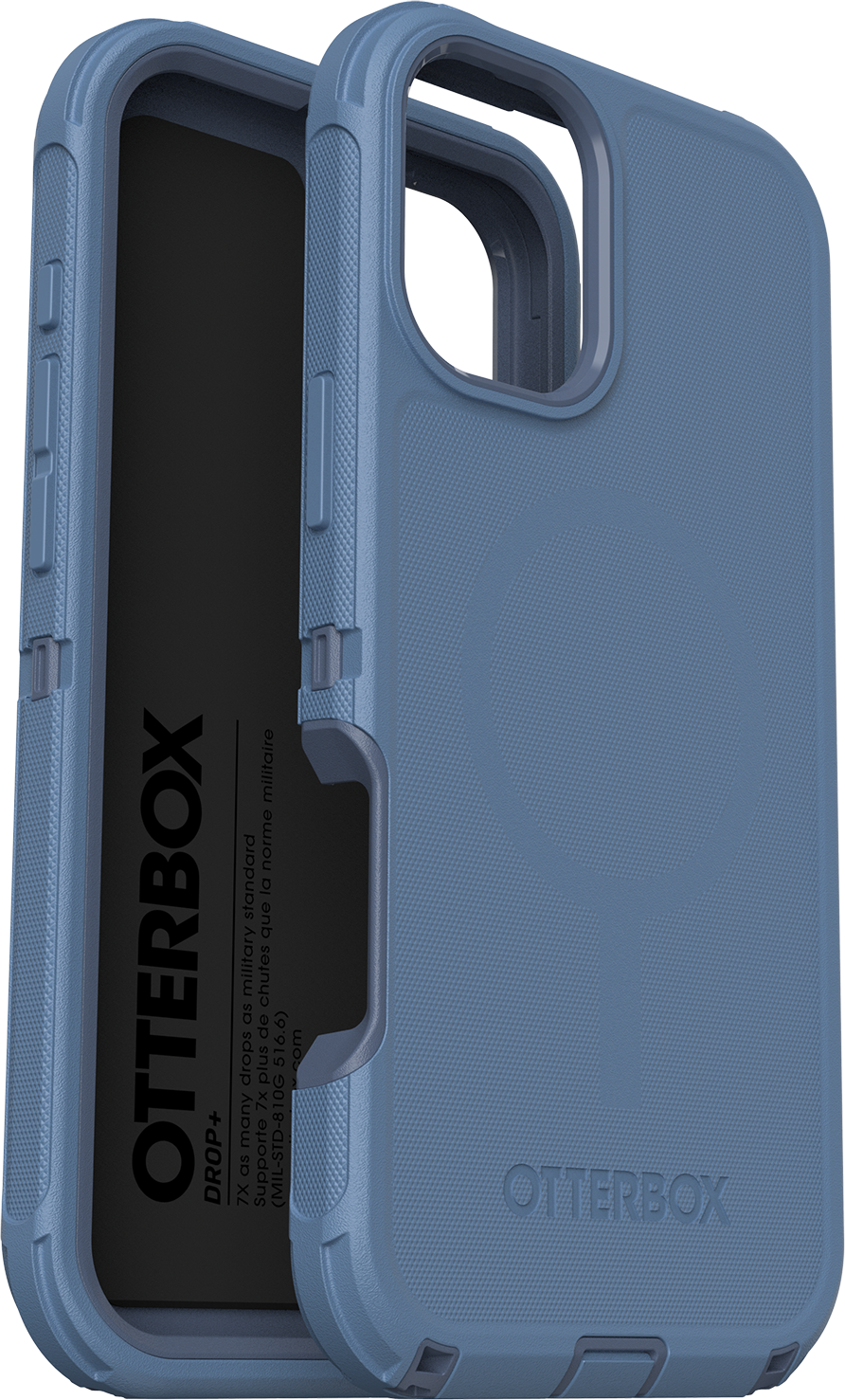 Kék Otterbox telefontok, nyitva, hogy felfedje a telefont. Fehér háttér.