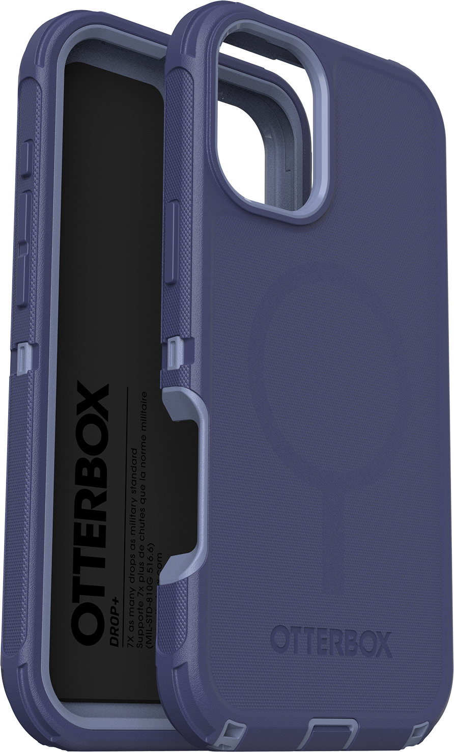 Sötétkék Otterbox telefontok nyitva, a telefon belsejét és a tokot mutatva.