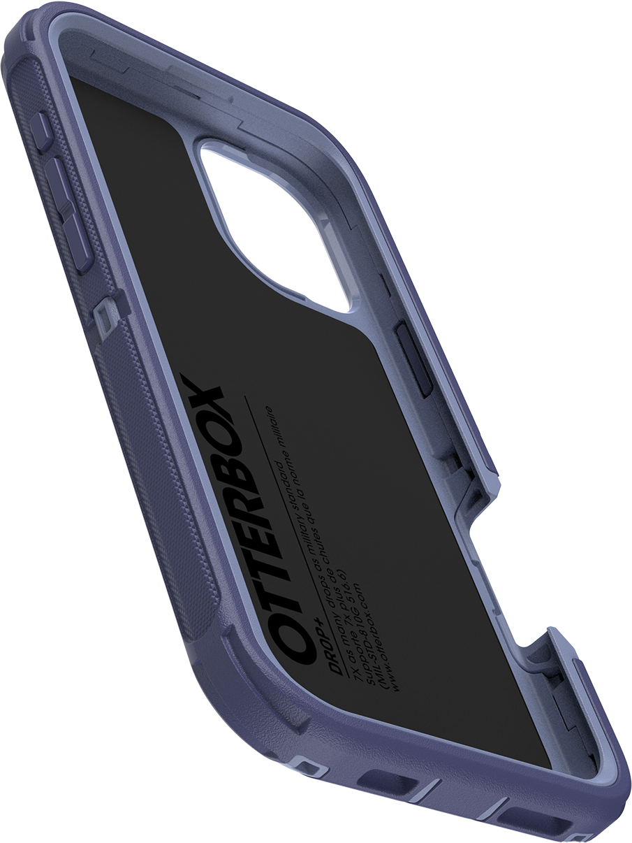Kék-szürke telefontok, szögből, belső nézet és Otterbox logó látható.